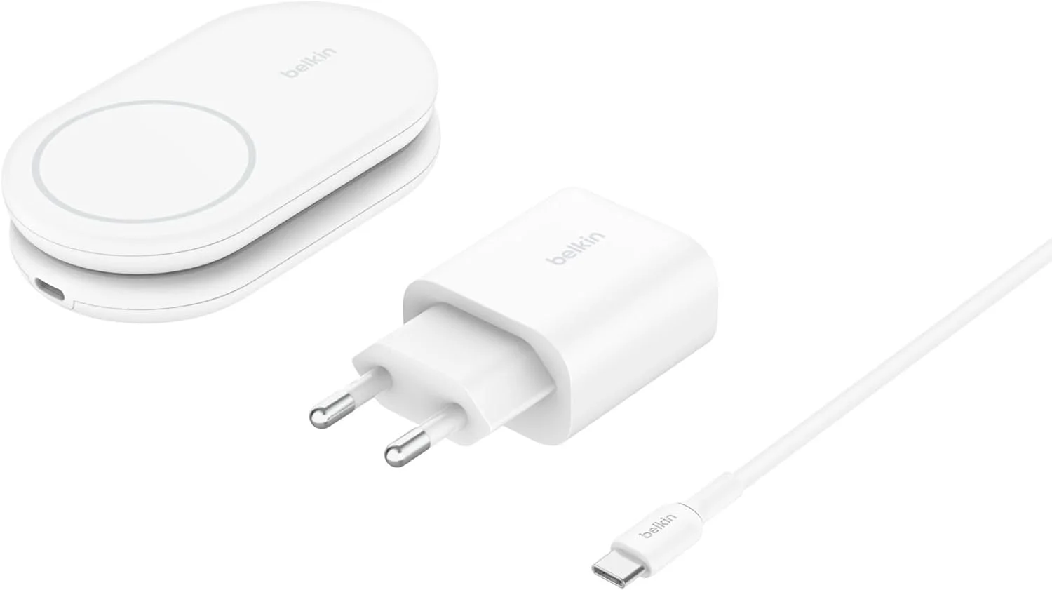 شارژر مغناطیسی تاشو Qi2 بلکین BoostCharge 2 در 1 با توان 15 وات سازگار با MagSafe شارژر بی سیم برای اپل آیفون 16/15/14/13 با پایه ضد لغزش، منبع تغذیه شامل - سفید