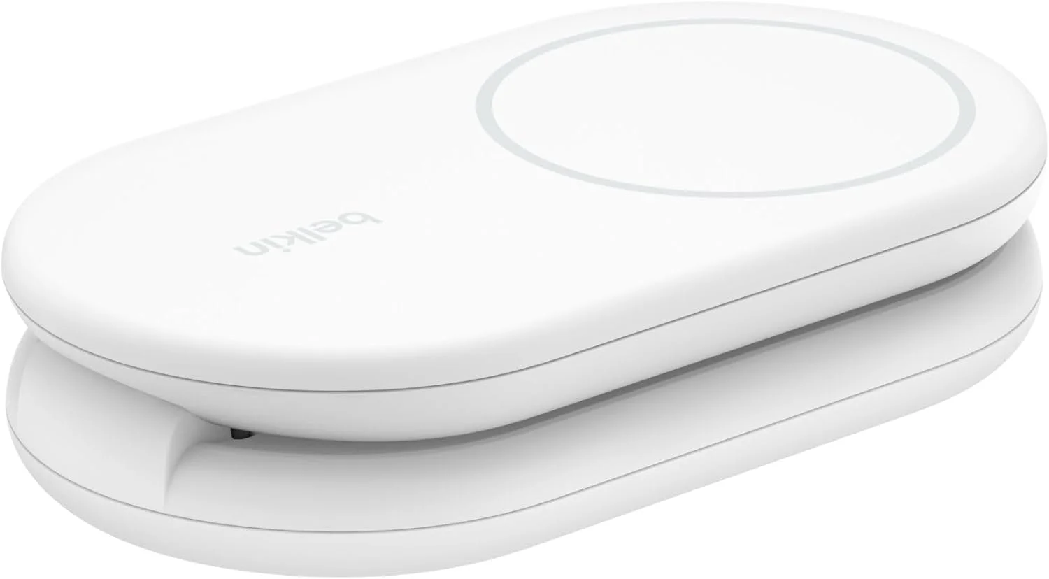 شارژر مغناطیسی تاشو Qi2 بلکین BoostCharge 2 در 1 با توان 15 وات سازگار با MagSafe شارژر بی سیم برای اپل آیفون 16/15/14/13 با پایه ضد لغزش، منبع تغذیه شامل - سفید