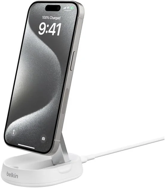 شارژر مغناطیسی تبدیل‌شدنی 15 واتی Belkin BoostCharge Pro، شارژر بی‌سیم سریع Qi2 سازگار با MagSafe، برای آیفون 17، ایر، Pixelsnap، ایرپادز، منبع تغذیه 20 واتی شامل - سفید