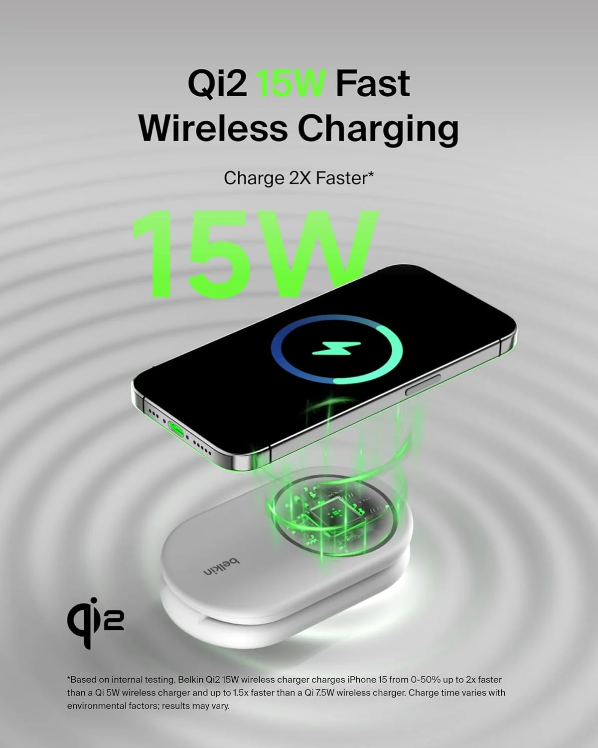 شارژر تاشو مغناطیسی 2 در 1 بلکین BoostCharge سازگار با MagSafe، شارژر بی‌سیم دارای گواهی Qi2 با توان 15 وات برای آیفون 15، آیفون 14، اپل واچ با پایه ضد لغزش، به همراه آداپتور - سفید