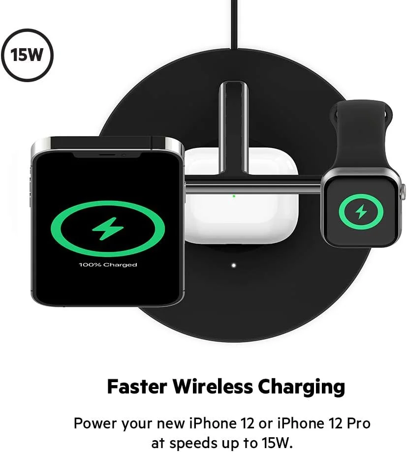 شارژر بی‌سیم 3 در 1 Belkin BoostCharge PRO با MagSafe برای آیفون 16، آیفون 15، 14، 13 و 12 + اپل واچ + ایرپادز (شارژ مغناطیسی مدل‌های آیفون 16، آیفون 15، 14، 13 و 12 تا 15 وات)