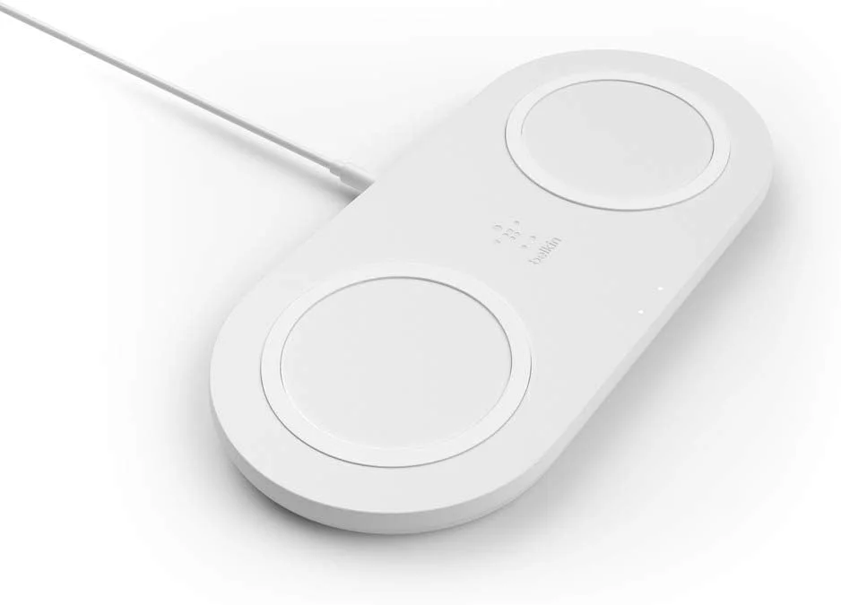 شارژر بی‌سیم دوگانه بلکین (پد شارژ بی‌سیم دوگانه 10 واتی برای سری آیفون 16، 15، 14، 13 و 12، گلکسی S24، S24+، S24 Ultra، پیکسل 9، 4XL، ایرپادز و غیره)