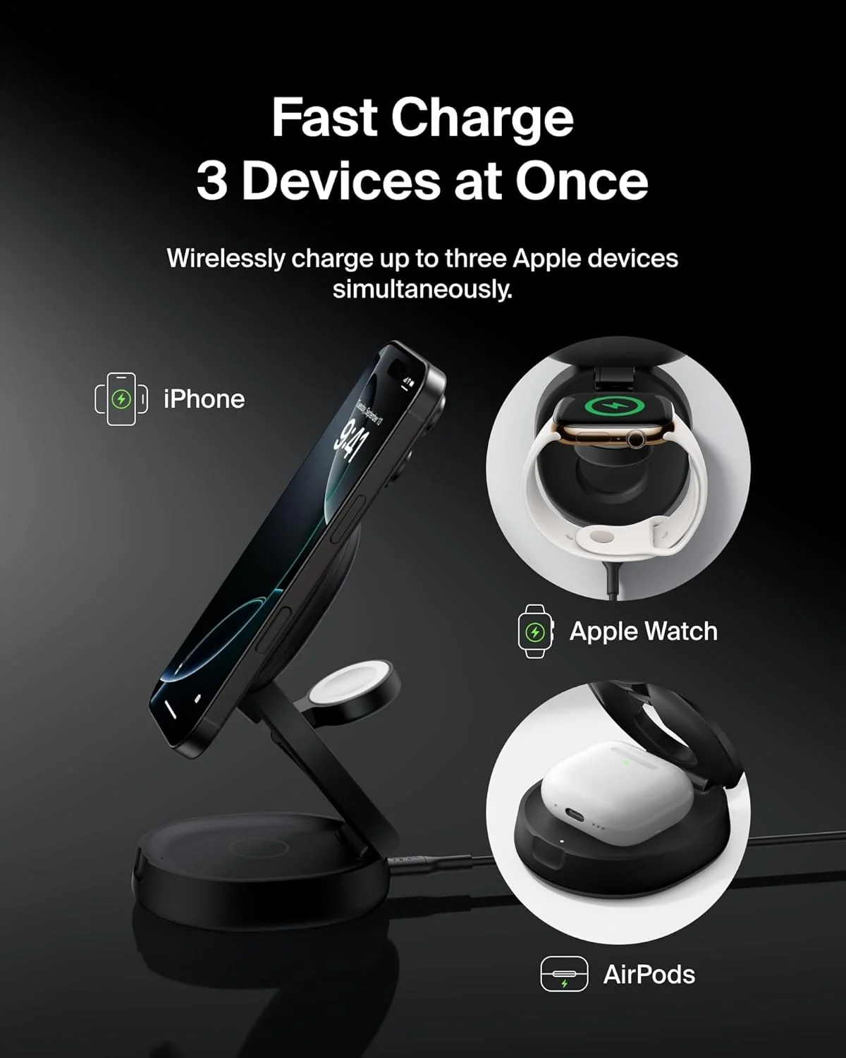 استند شارژر بی‌سیم قابل تبدیل 3 در 1 بلکین 15 واتی سازگار با MagSafe Qi2 برای آیفون، اپل واچ و ایرپاد به همراه پایه ضد لغزش و آداپتور 36 واتی - مشکی