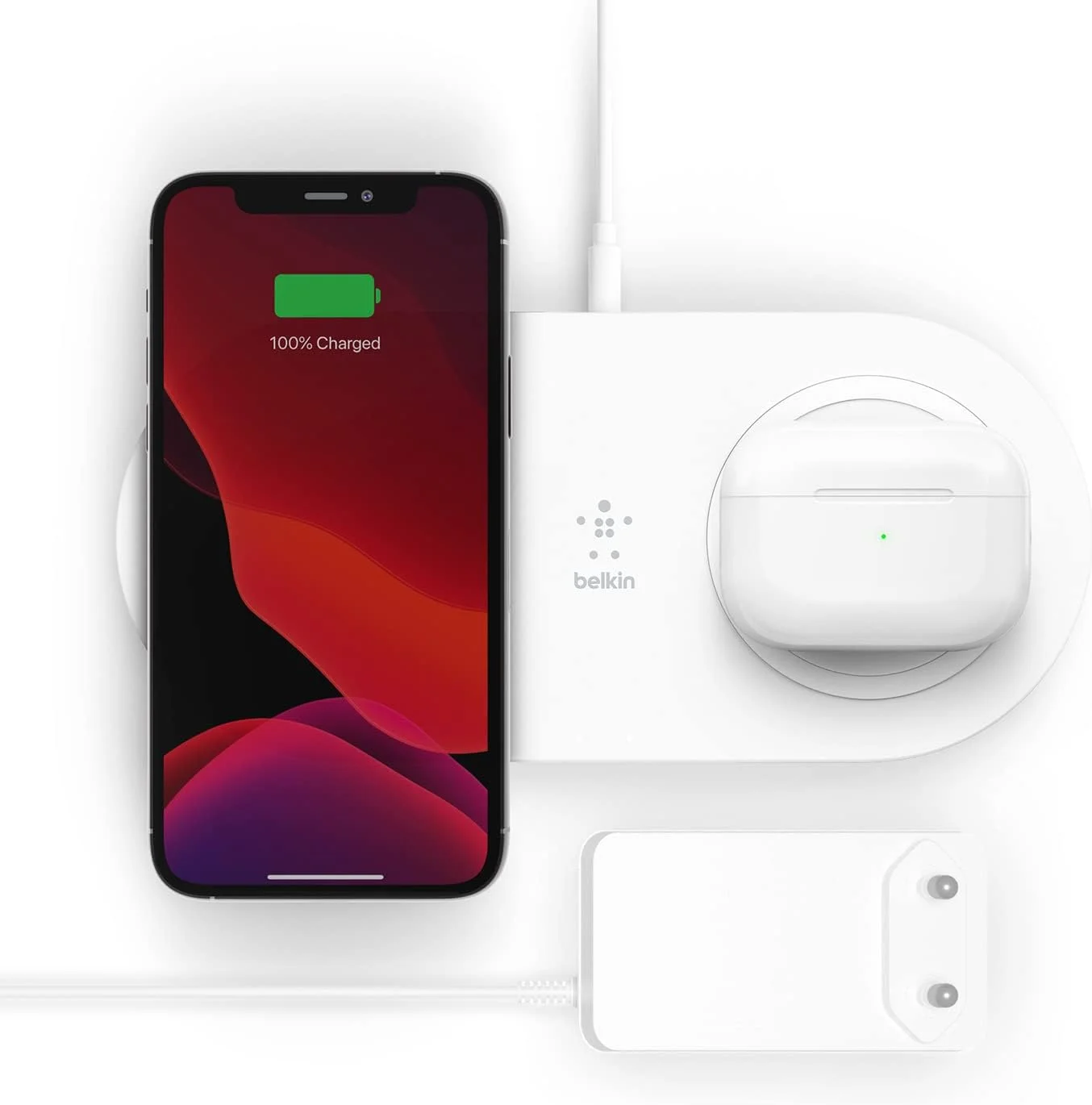 شارژر بی‌سیم بلکین با دو پد شارژ (شارژر دوگانه بی‌سیم، 15 وات) شارژ سریع و همزمان 2 دستگاه مانند آیفون، ایرپادز، گلکسی و پیکسل - سفید