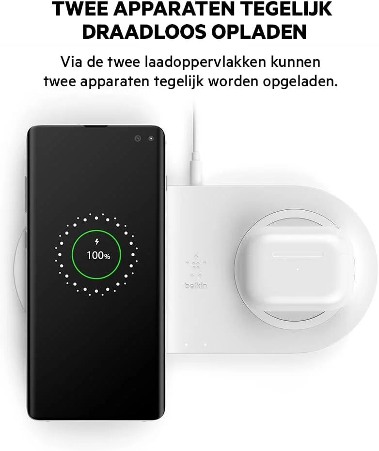 شارژر بیسیم بلکین با دو پد شارژ (شارژر دوگانه بیسیم، 15 وات) شارژ سریع و همزمان 2 دستگاه مانند آیفون، ایرپادز، گلکسی و پیکسل - سفید شارژر بیسیم بلکین با دو پد شارژ (شارژر دوگانه بیسیم، 15 وات) شارژ سریع و همزمان 2 دستگاه مانند آیفون، ایرپادز، گلکسی و پیکسل - سفید