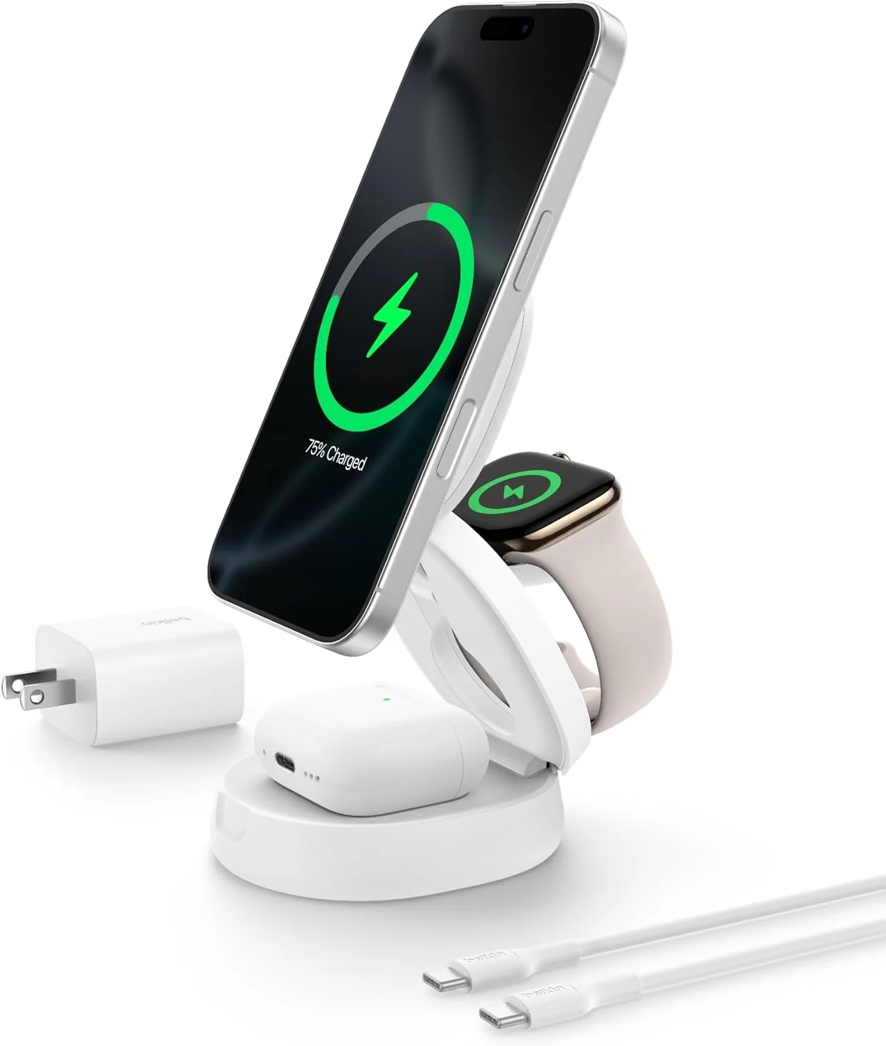 پایه شارژ بی‌سیم تاشو 3 در 1 بلکین، ایستگاه شارژ بی‌سیم 15 واتی سازگار با MagSafe Qi2 برای آیفون، اپل واچ و ایرپادز به همراه پایه ضد لغزش و آداپتور 36 واتی - سفید