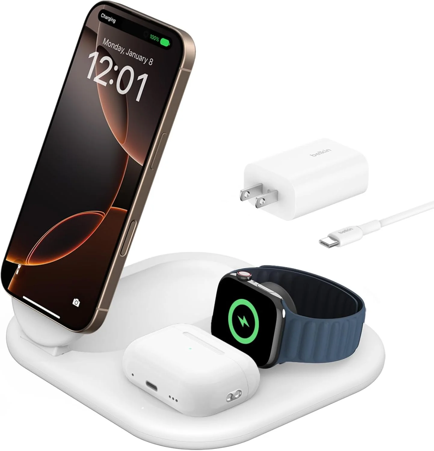 شارژر مغناطیسی تاشو 3 در 1 بلکین سازگار با MagSafe، شارژر بی سیم 15 واتی دارای گواهی Qi2، مناسب برای آیفون 15، اپل واچ، ایرپادز به همراه پایه ضد لغزش و PSU - سفید شارژر مغناطیسی تاشو 3 در 1 بلکین سازگار با MagSafe، شارژر بی سیم 15 واتی دارای گواهی Qi2، مناسب برای آیفون 15، اپل واچ، ایرپادز به همراه پایه ضد لغزش و PSU - سفید
