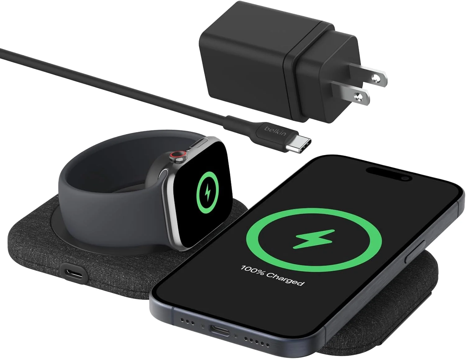 پد شارژ مسافرتی مغناطیسی 2 در 1 بلکین 15 وات - ایستگاه شارژ بی‌سیم تاشو سازگار با MagSafe و دارای گواهی Qi2، شارژر آیفون برای سری آیفون 16، اپل واچ 9، ایرپادز و موارد دیگر - مشکی