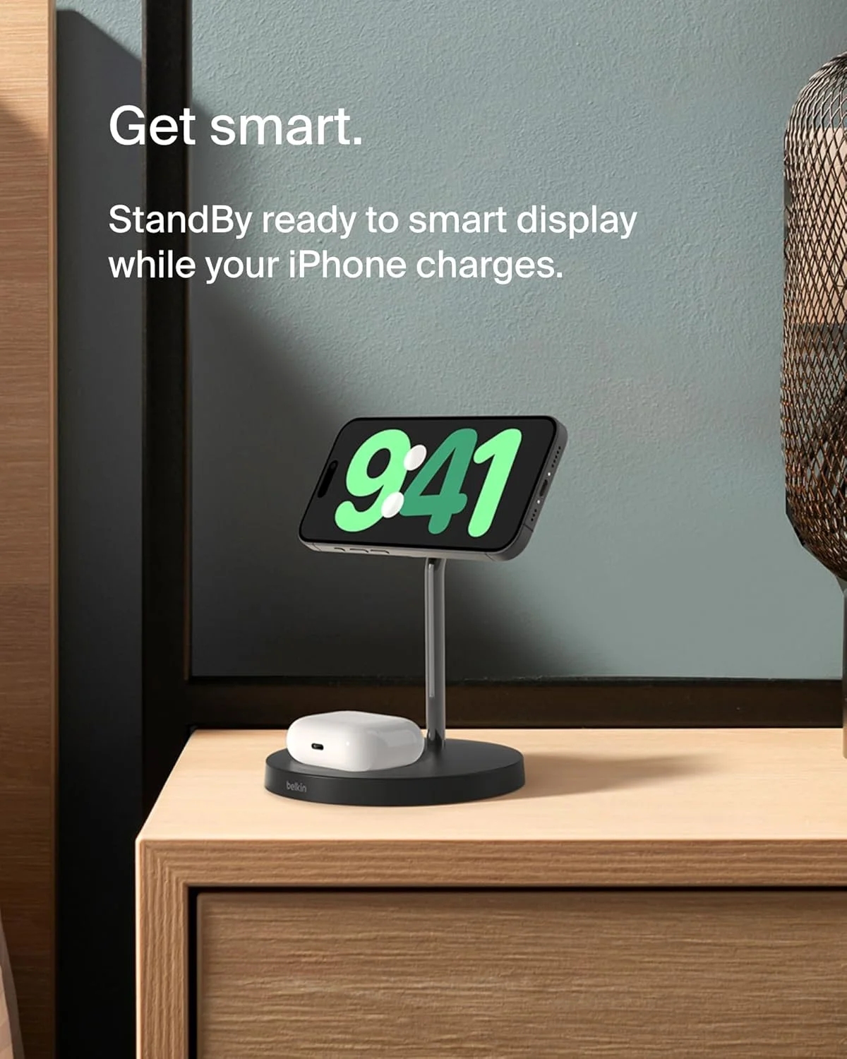 پایه شارژ بی‌سیم 2 در 1 مگ‌سیف بلکین برای سری آیفون 16، آیفون 15، آیفون 14 و آیفون 13 و ایرپادز - ایستگاه شارژ سریع مگ‌سیف برای دستگاه‌های متعدد - مشکی