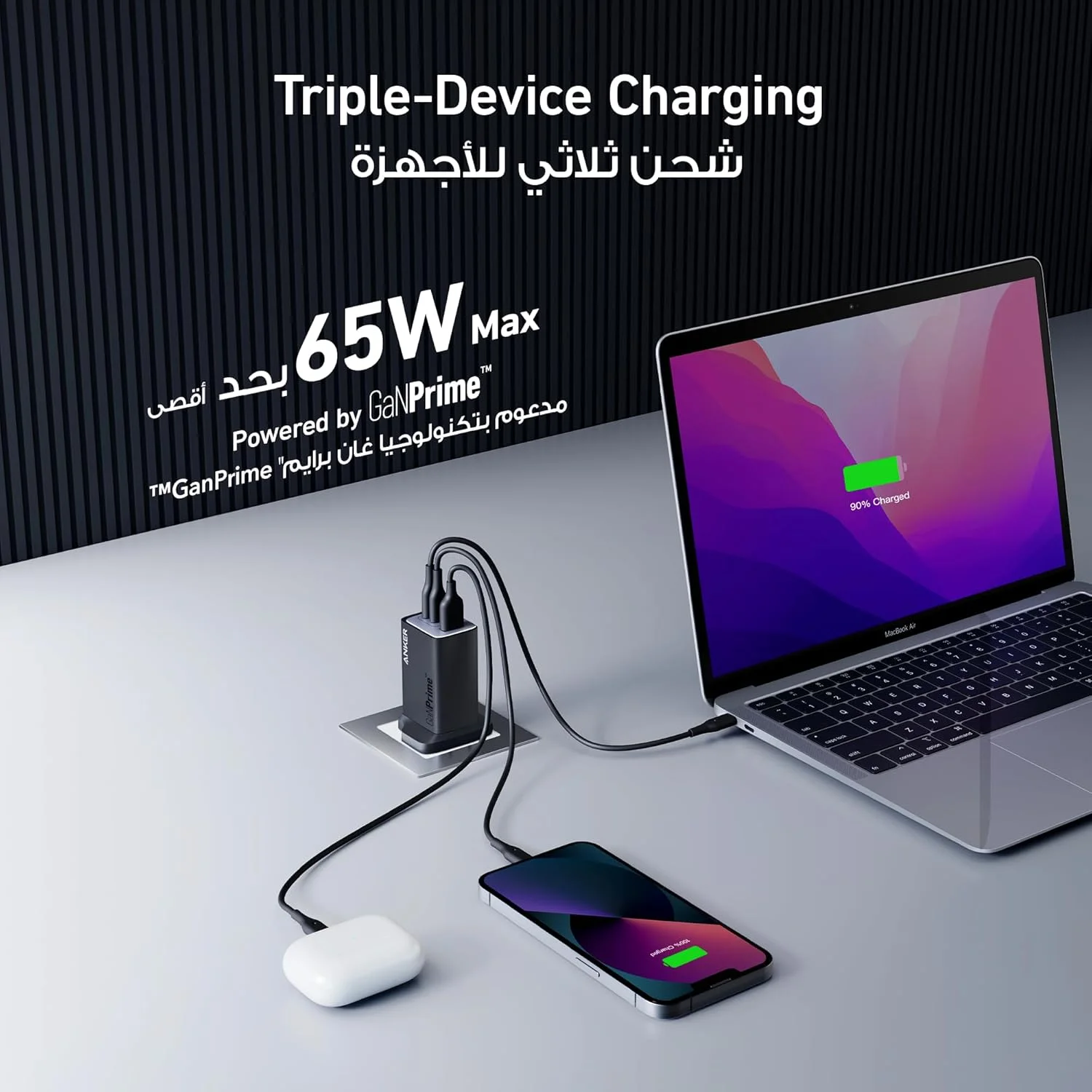 شارژر USB C انکر، شارژر 65 واتی GaNPrime انکر 735، شارژر دیواری تاشو و جمع و جور سریع 3 پورت PPS برای مک بوک پرو/ایر، آیپد پرو، گلکسی S24/S23، دل XPS 13، آیفون 17/16/15، هواوی، شیائومی، ردمی