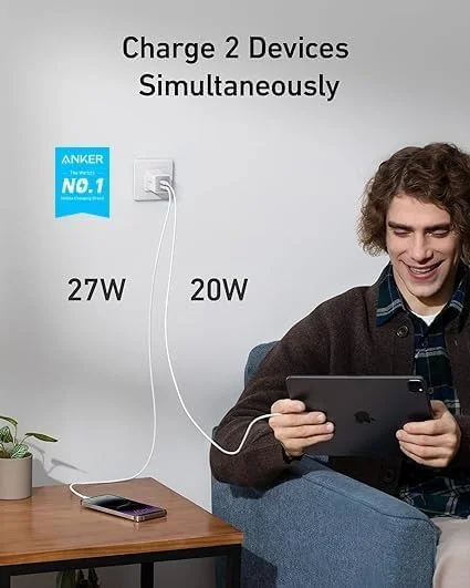 شارژر USB C، شارژر سریع 47 واتی USB C دو پورت انکر، شارژر فشرده نانو 3 GaN برای آیفون 17/16/15، سامسونگ گلکسی S25/S24، اولترا/S24/S23، پیکسل 4/3، آیپد مینی و غیره (کابل شامل نمی شود)