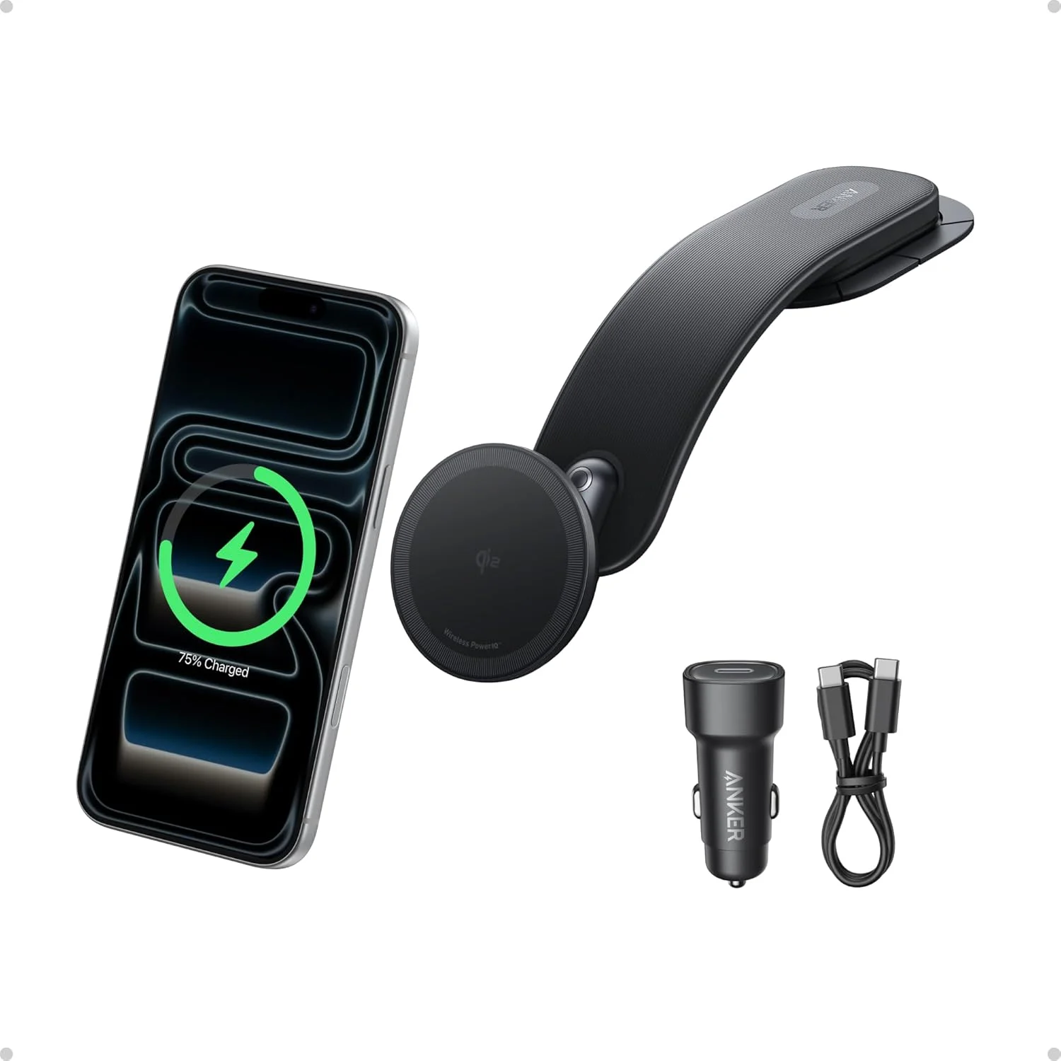 شارژر بی‌سیم خودرو Anker MagGo (پد)، آداپتور شارژ سریع 15 واتی Qi2 دارای نگهدارنده قوی آلیاژی، با قابلیت تنظیم 360 درجه، برای سری آیفون 17/16/15/14 و غیره