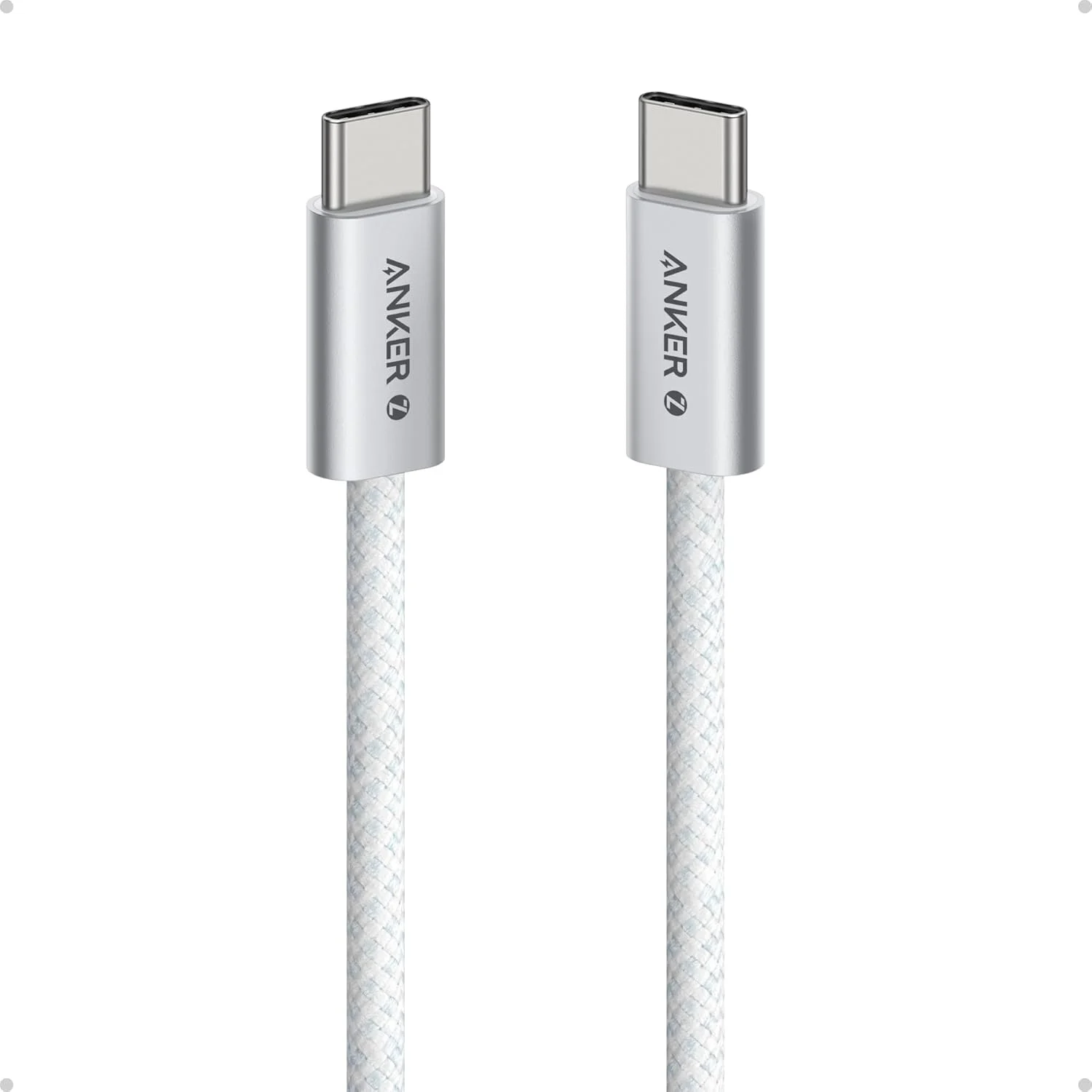 کابل USB-C به USB-C انکر زولو، بافته شده و مقاوم در برابر آلودگی، کابل شارژ سریع Type C، کانکتور باریک، برای سری آیفون 17/16، مک بوک (240 وات) (سفید، 1 متر)