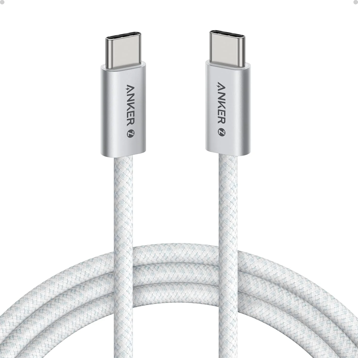 کابل USB-C به USB-C انکر زولو، کابل شارژ سریع Type C با روکش بافته شده و مقاوم در برابر گرد و غبار، کانکتور باریک، برای سری آیفون 17/16، مک بوک (240 وات) (سفید، 1.8 متر)