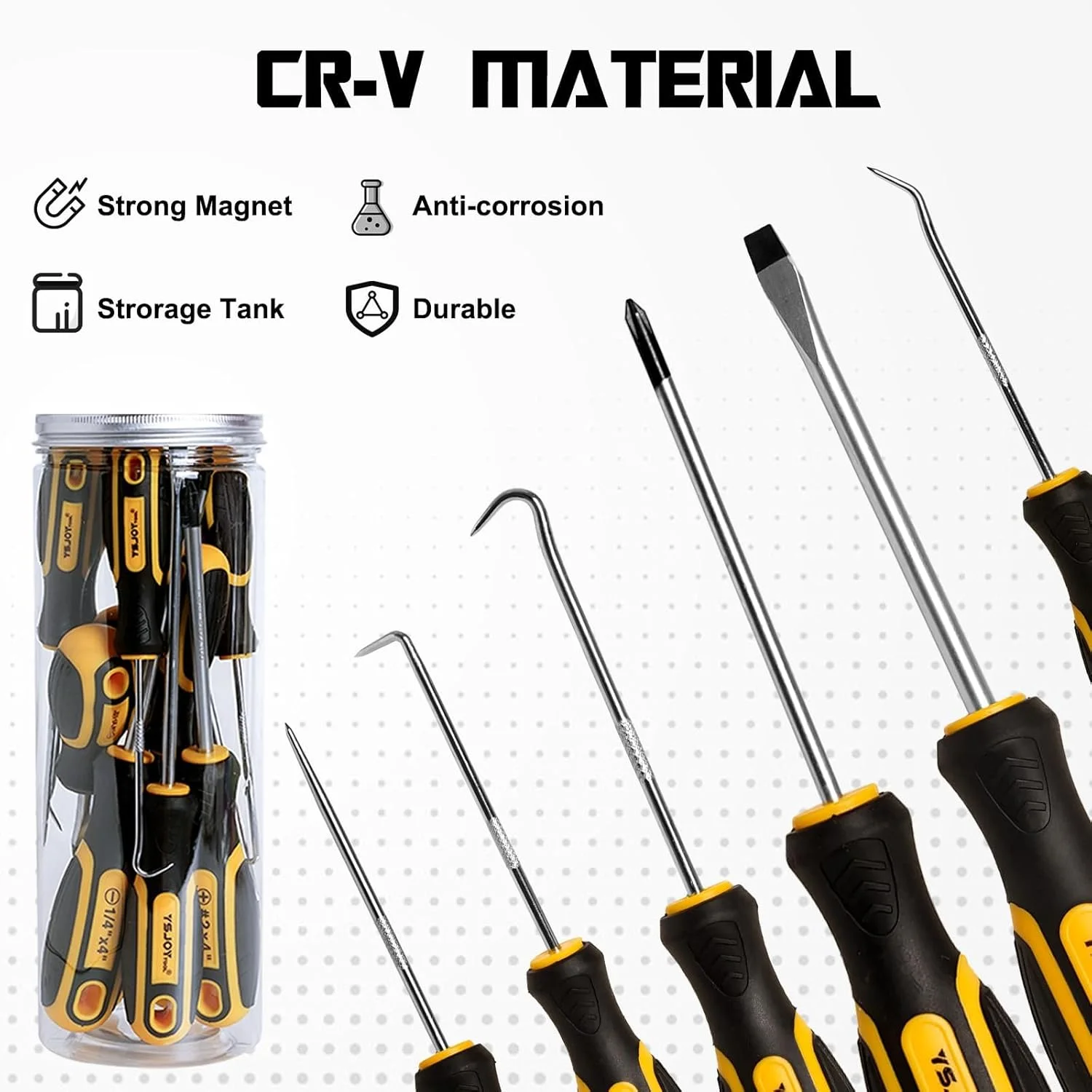 ست پیچ گوشتی مغناطیسی، 5 عدد چهارسو و 5 عدد دوسو به همراه 4 عدد ابزار قلاب و نوک تیز، برای باز و بسته کردن سریع پیچ های سفت شده، به همراه سطل نگهداری (14 عددی)