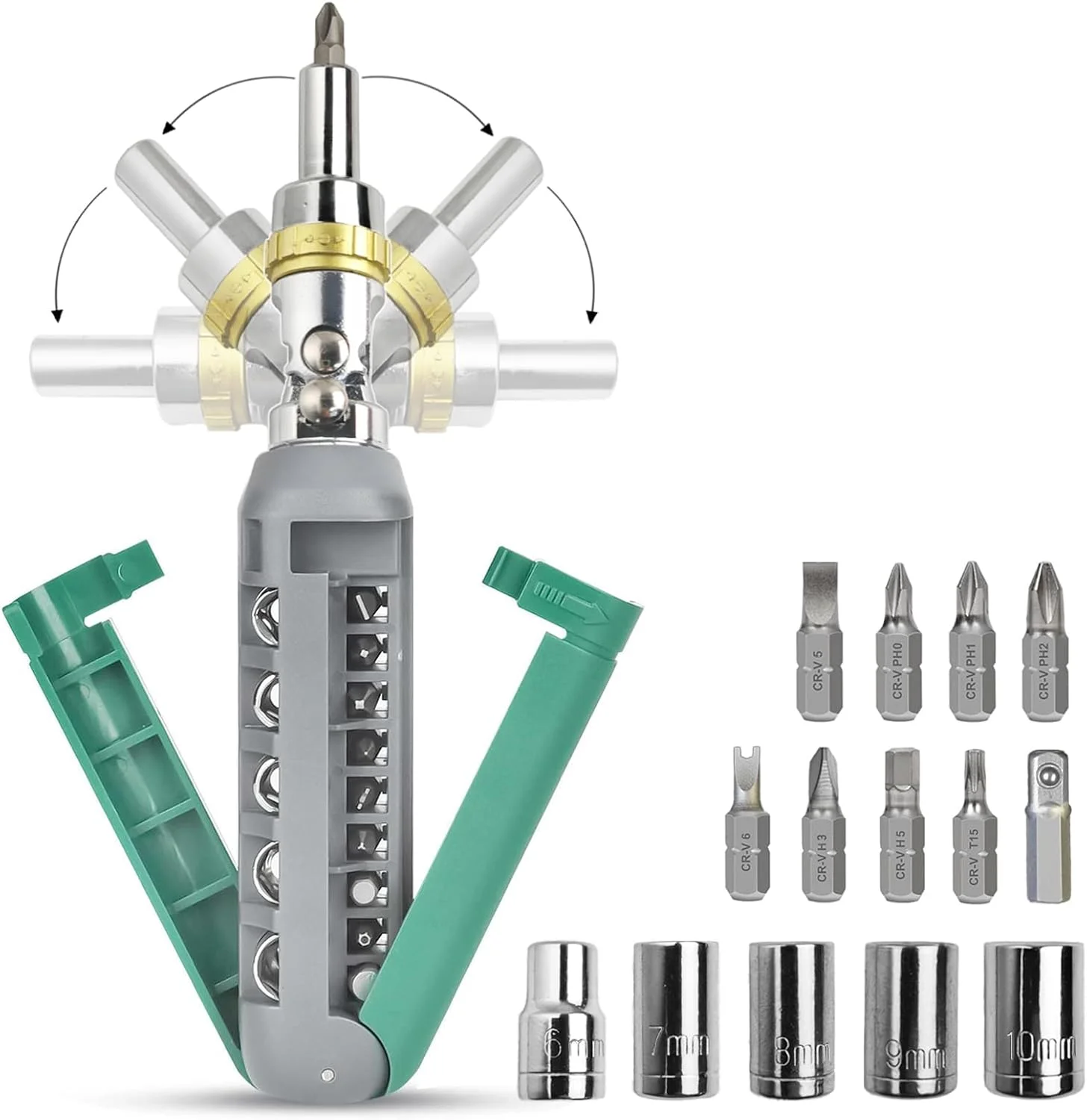 مجموعه پیچ گوشتی جغجغه ای KASTWAVE، جعبه ابزار 14 در 1، پیچ گوشتی چند منظوره با نوک مغناطیسی، زاویه قابل تنظیم 180 درجه، مجموعه پیچ گوشتی چهارسو/تخت/ستاره ای/مربعی/شش گوش، ابزار تعمیر