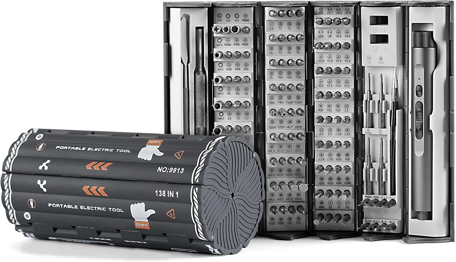 کیت پیچ گوشتی برقی، پیچ گوشتی برقی دقیق ۱۳۸ در ۱، ۱۲۰ سری فلزی مغناطیسی S2، چراغ LED، ولتاژ نامی، کیت ابزار تعمیرات برای تلفن، ساعت، دوربین، لپ تاپ، کامپیوتر (خاکستری)