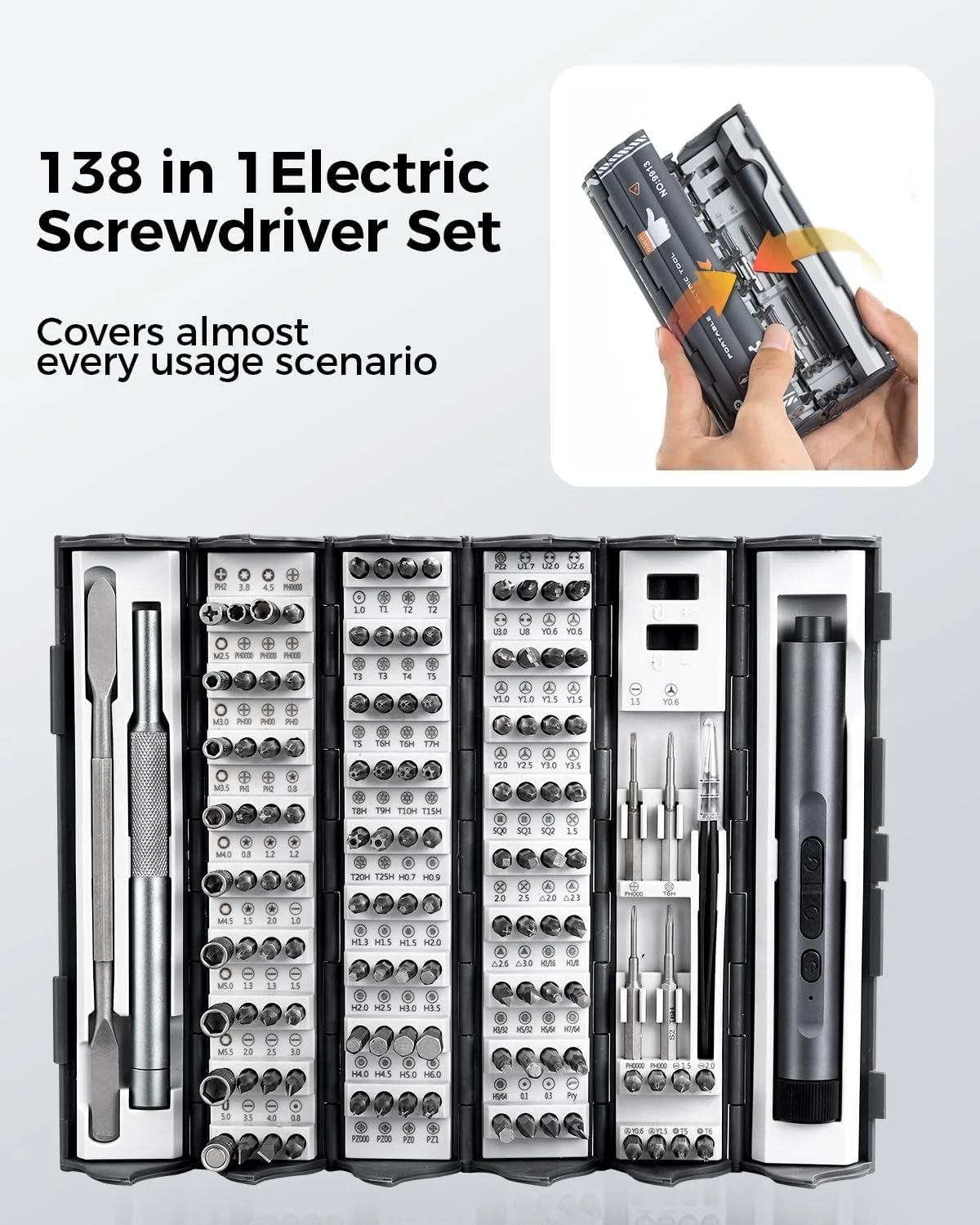 کیت پیچ گوشتی برقی، پیچ گوشتی برقی دقیق ۱۳۸ در ۱، ۱۲۰ سری فلزی مغناطیسی S2، چراغ LED، ولتاژ نامی، کیت ابزار تعمیرات برای تلفن، ساعت، دوربین، لپ تاپ، کامپیوتر (خاکستری) کیت پیچ گوشتی برقی، پیچ گوشتی برقی دقیق ۱۳۸ در ۱، ۱۲۰ سری فلزی مغناطیسی S2، چراغ LED، ولتاژ نامی، کیت ابزار تعمیرات برای تلفن، ساعت، دوربین، لپ تاپ، کامپیوتر (خاکستری)