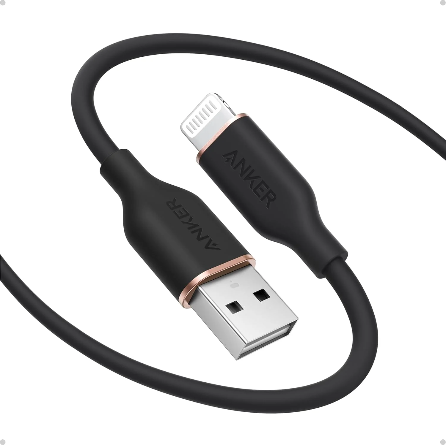 کابل USB A به لایتنینگ Anker PowerLine III Flow برای آیفون ۱۵ ۱۵ پرو ۱۴ ۱۳ X XS XR 8 Plus [دارای گواهی MFi، طول ۱.۸ متر، مشکی] Power Delivery، کابل سیلیکونی (شارژر شامل نمی شود) 