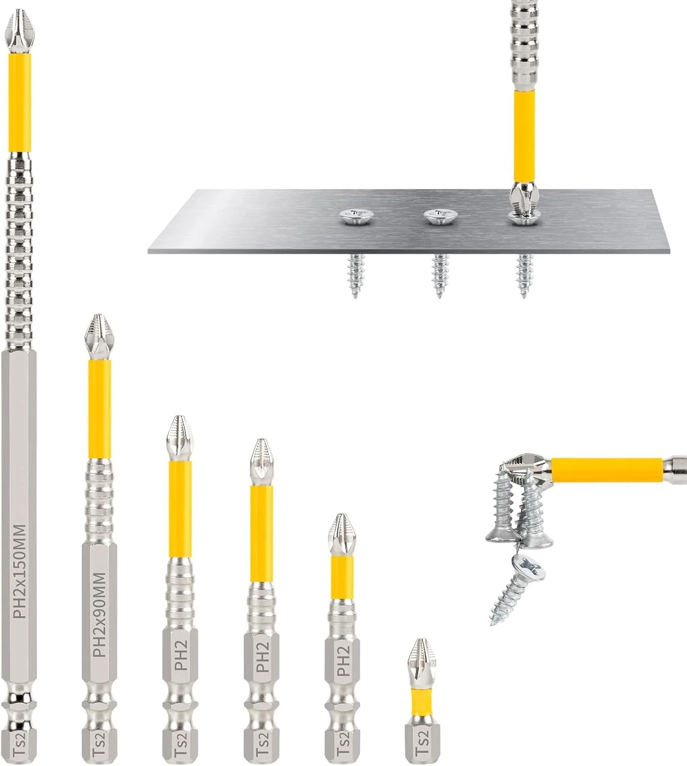 مجموعه سری پیچ گوشتی مغناطیسی قوی، سری مقاوم در برابر ضربه K5، ضد لغزش قوی برقی برای DIY و ساخت و ساز 25 50 65 70 90 150 میلی متر (6 عدد)