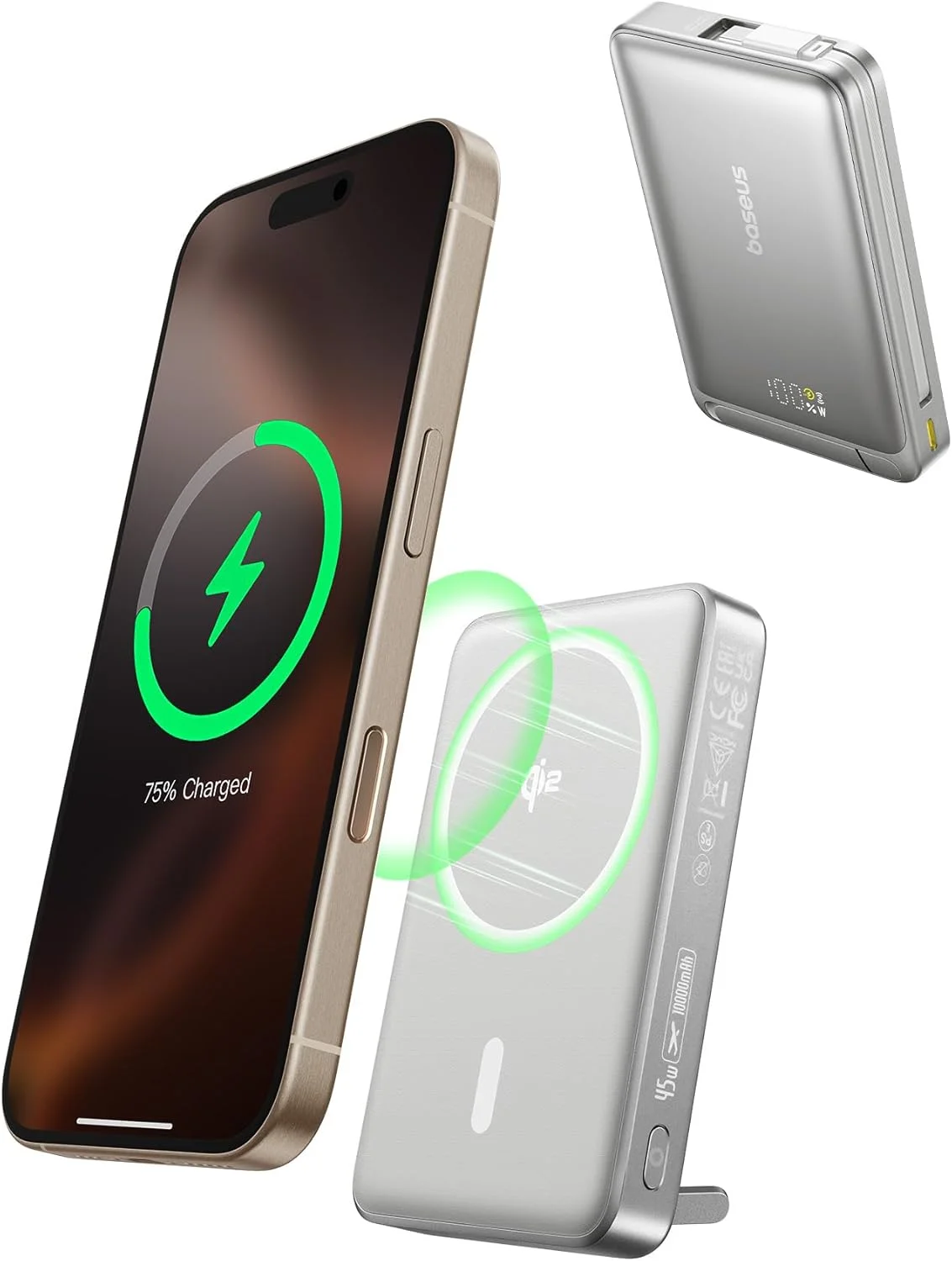 پاوربانک مغناطیسی 3 در 1 بیسوس Nomos دارای گواهی Qi2، شارژ بی‌سیم 15 واتی با شارژ سریع 45 واتی، شارژر قابل حمل تلفن، 10000 میلی آمپر ساعت با کابل داخلی USB-C + درگاه Type-C، پایه و نمایشگر LED برای آیفون