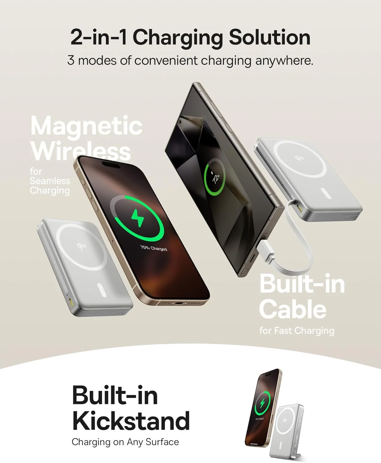 پاوربانک مغناطیسی 3 در 1 بیسوس Nomos دارای گواهی Qi2، شارژ بی‌سیم 15 واتی با شارژ سریع 45 واتی، شارژر قابل حمل تلفن، 10000 میلی آمپر ساعت با کابل داخلی USB-C + درگاه Type-C، پایه و نمایشگر LED برای آیفون