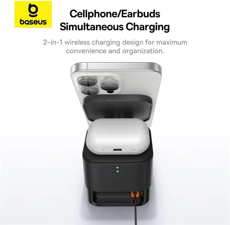 شارژر بی‌سیم مغناطیسی 2 در 1 15 واتی Baseus MagPro و نگهدارنده تلفن Magsafe با کابل USB-C 100 واتی، برای آیفون 16 پرو مکس، ایرپادز پرو 3/2