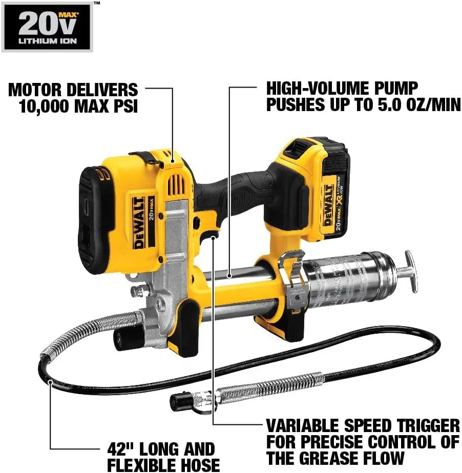 تفنگ گریس کاری شارژی 20 ولت DEWALT MAX، شلنگ 42 اینچی، 10000 PSI، ماشه سرعت متغیر، فقط ابزار (DCGG571B)