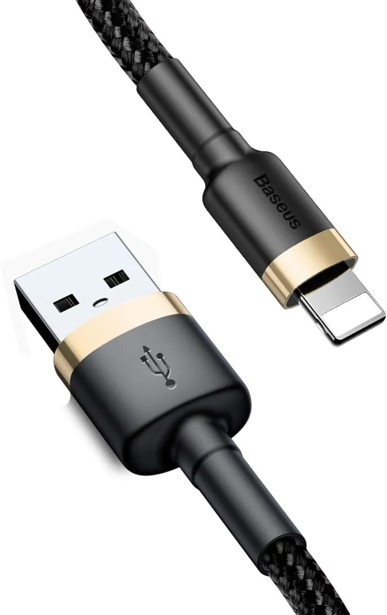 کابل شارژ USB به لایتنینگ Baseus مدل Cafule با روکش نایلونی بافته شده و تراکم بالا، شارژ سریع سازگار با iPhone 13 12 11 Pro Max Mini XS X 8 7 6 5 SE iPad (3 متر، 2.0 آمپر، طلایی+مشکی)