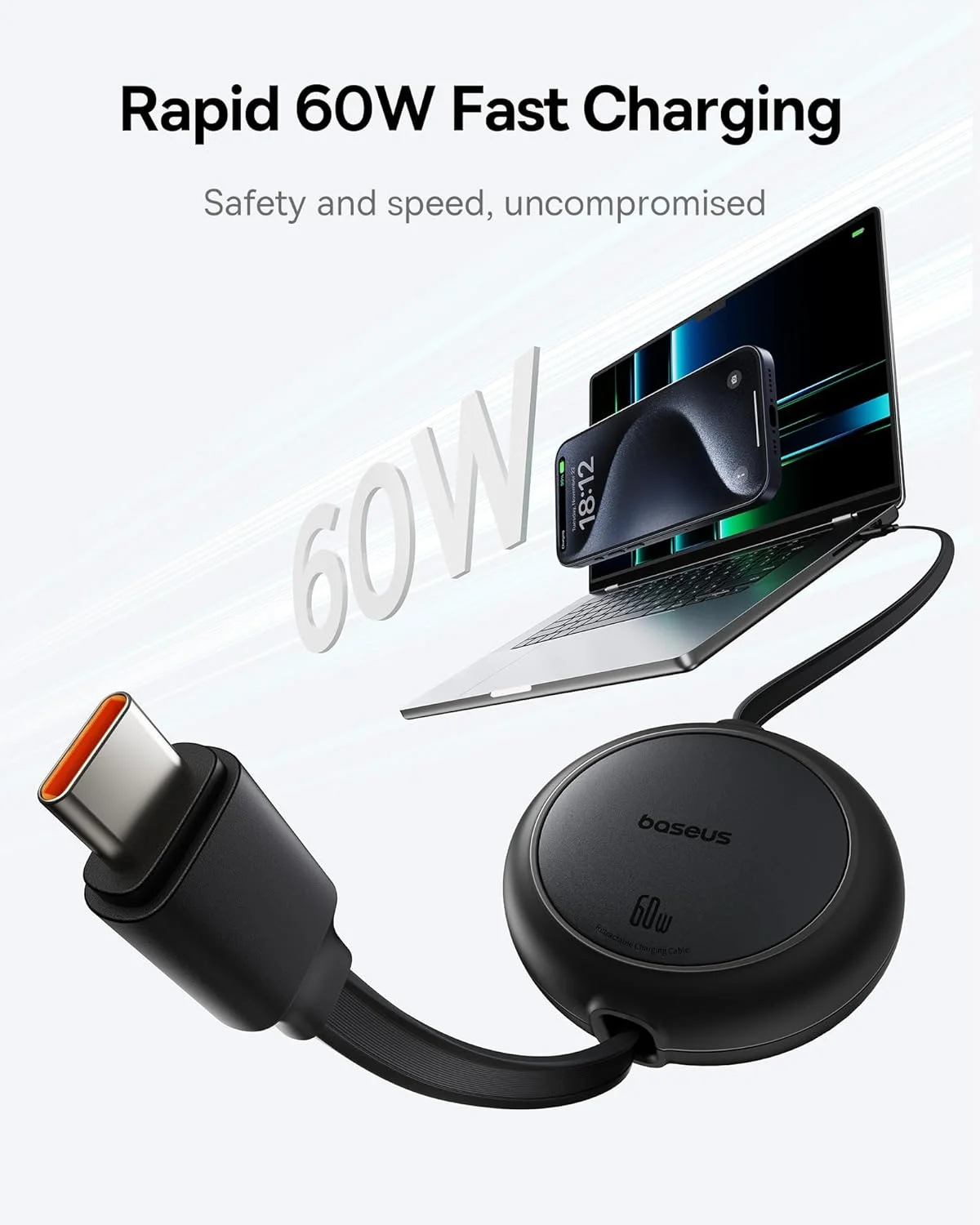 کابل جمع‌شونده مینی 60 واتی USB-C بیسوس، کابل 1 متری USB-C به USB-C PD 3A با شارژ سریع، طول 4 مرحله‌ای، شارژر Type C برای آیفون، مک‌بوک، آیپد پرو، گلکسی S24، اندروید، دستگاه‌های USB-C، انتقال داده