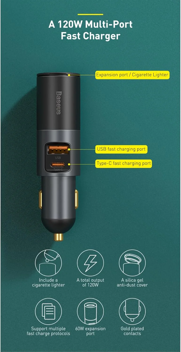 شارژر فندکی USB C با توان 120 وات Baseus، شارژ سریع چندگانه USB QC 3.0 و PD 3.0 با توان 30W+30W+60W، دارای 1 پورت USB، 1 پورت Type-C و پورت های توسعه دهنده فندکی برای تلفن های هوشمند/تبلت ها/سوییچ