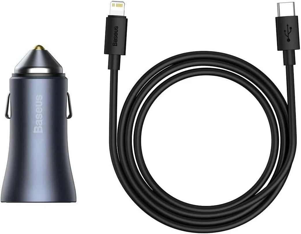 شارژر فندکی دوگانه سریع Baseus Golden Contactor Pro U+C 40W (همراه با کابل انتقال داده Baseus Simple Wisdom Type-C به iP 1m مشکی) خاکستری تیره