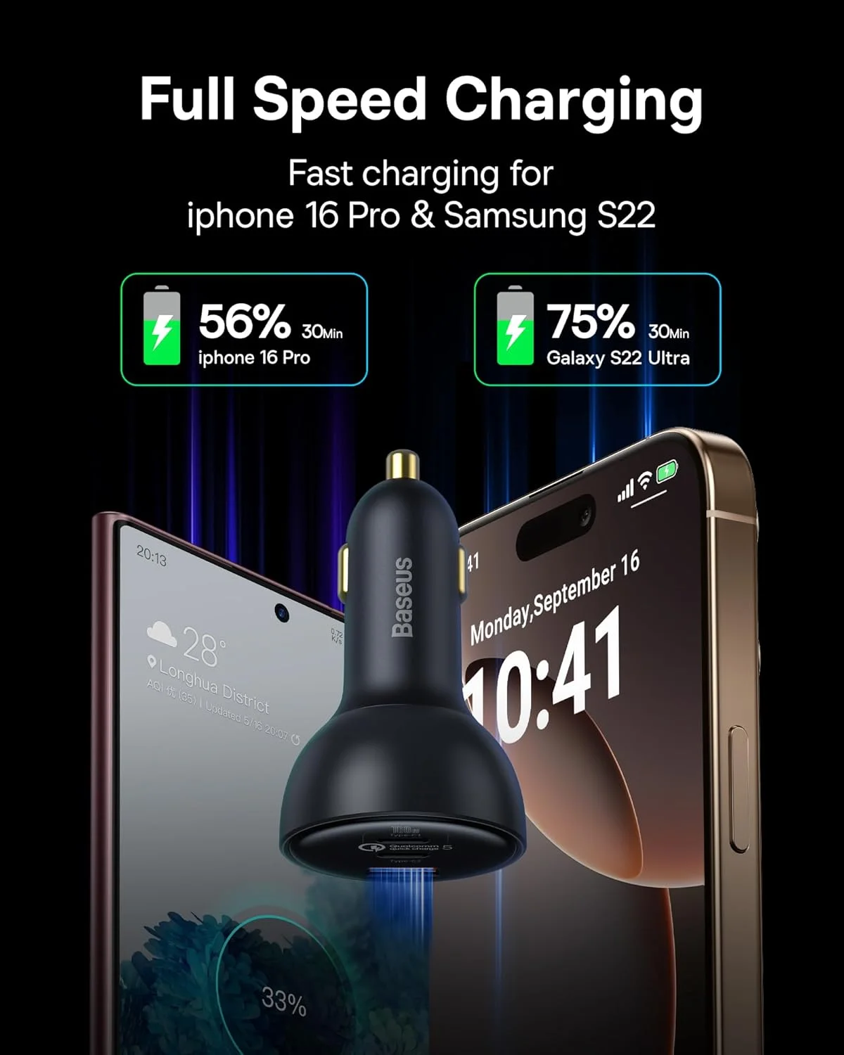 شارژر فندکی USB C، شارژر فندکی USB 160 واتی Baseus، آداپتور شارژر سریع فندکی 3 پورت QC5.0 PD3.0، شارژر USB فندکی برای آیفون، کروم بوک، سامسونگ گلکسی S21، آیپد پرو، مک بوک 2021، لپ تاپ دل