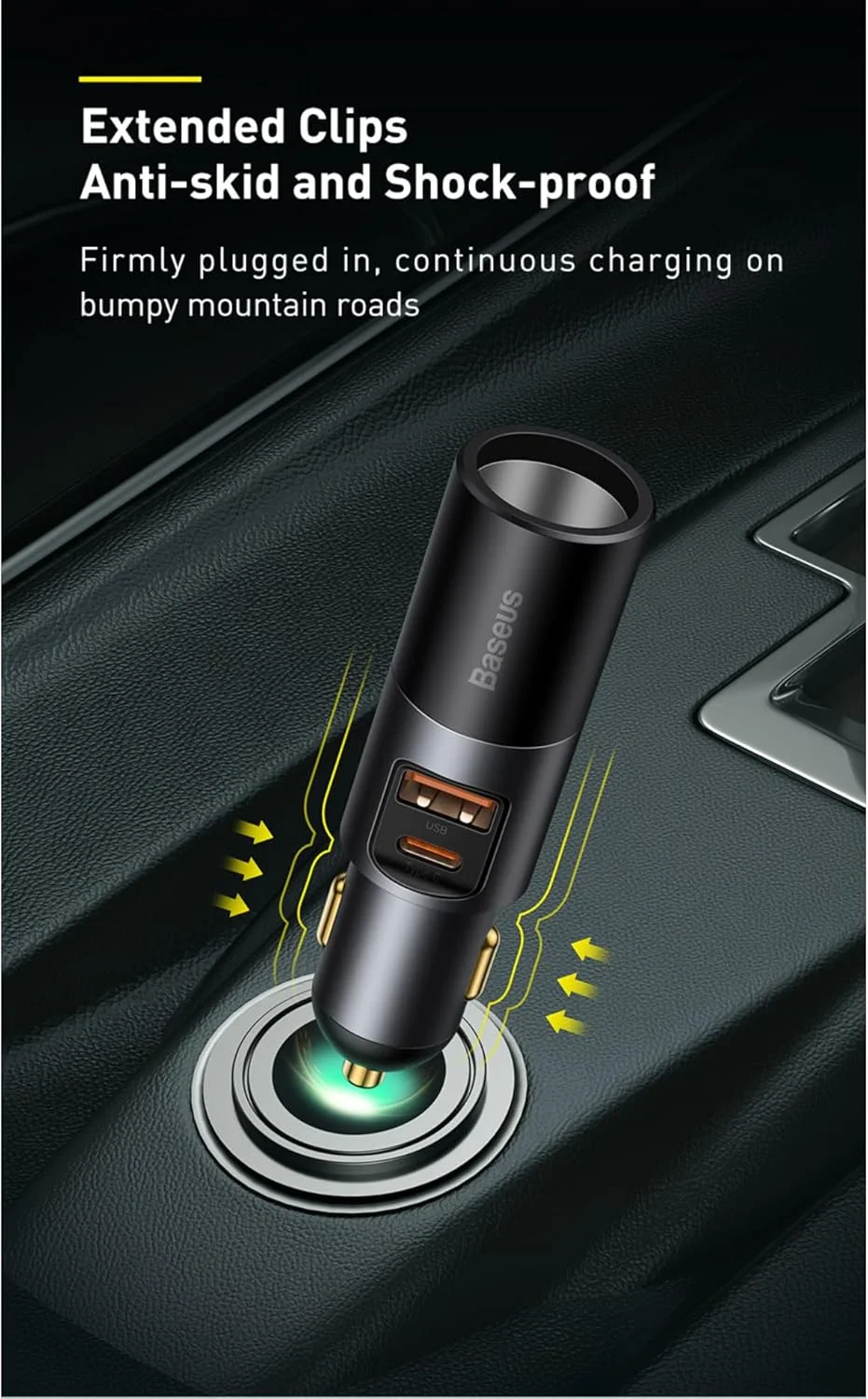 شارژر فندکی USB C با توان 120 وات Baseus، شارژ سریع چندگانه USB QC 3.0 و PD 3.0 با توان 30W+30W+60W، دارای 1 پورت USB، 1 پورت Type-C و پورت های توسعه دهنده فندکی برای تلفن های هوشمند/تبلت ها/سوییچ