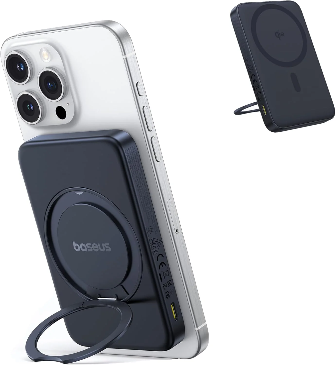 پاوربانک Baseus PicoGo برای MagSafe، شارژر بی‌سیم قابل حمل 15 واتی فوق‌العاده سریع دارای گواهی Qi2 با پایه، بسته باتری مغناطیسی فوق‌العاده باریک 5000 میلی‌آمپر ساعتی برای سری iPhone 16/15/14/13/12 (مشکی)