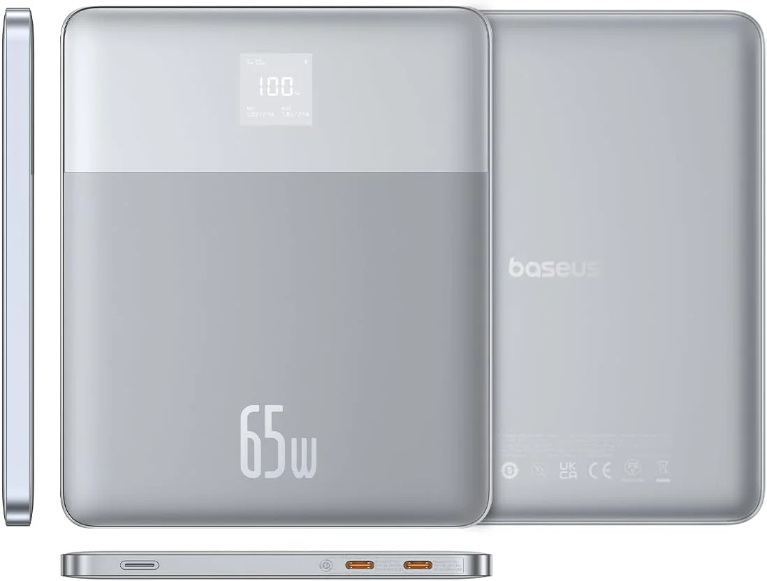 پاور بانک لپ تاپ بیسوس 12000 میلی آمپر ساعت، شارژر سریع قابل حمل 65 واتی با نمایشگر دیجیتال به همراه کابل USB C، دارای 2 خروجی USB C برای مک بوک ایر، دل/اچ پی، استیم دک، آیپد، آیفون، سامسونگ و غیره (نقره ای)