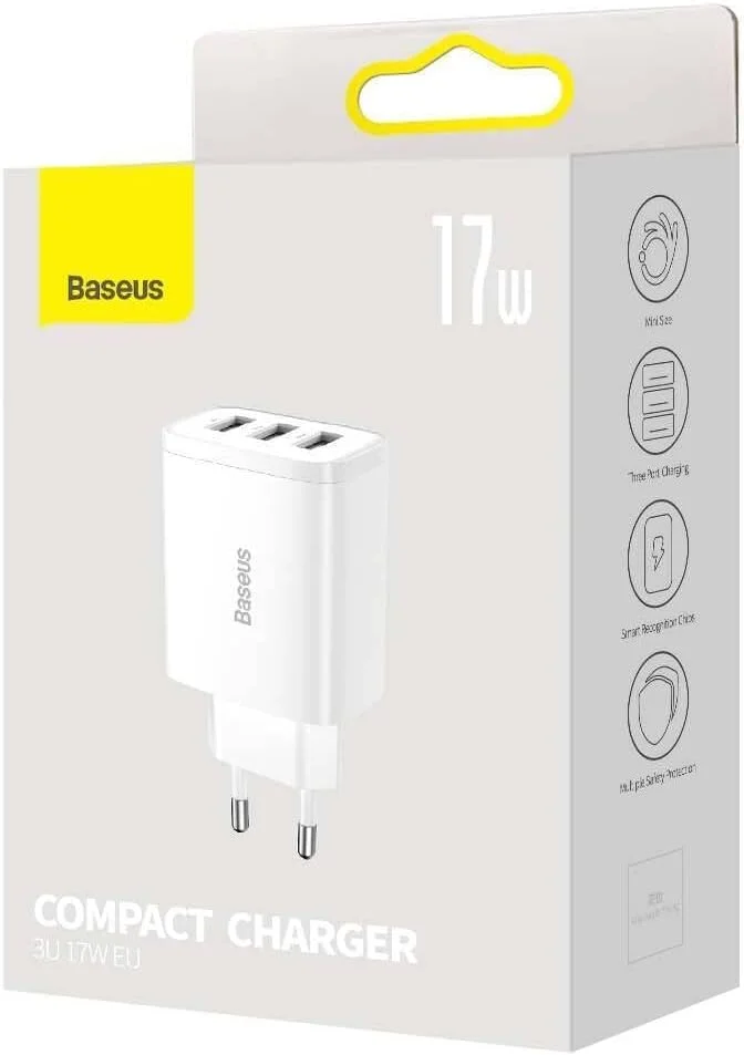 شارژر جمع و جور 3 پورت 17 واتی Baseus مدل EU سفید