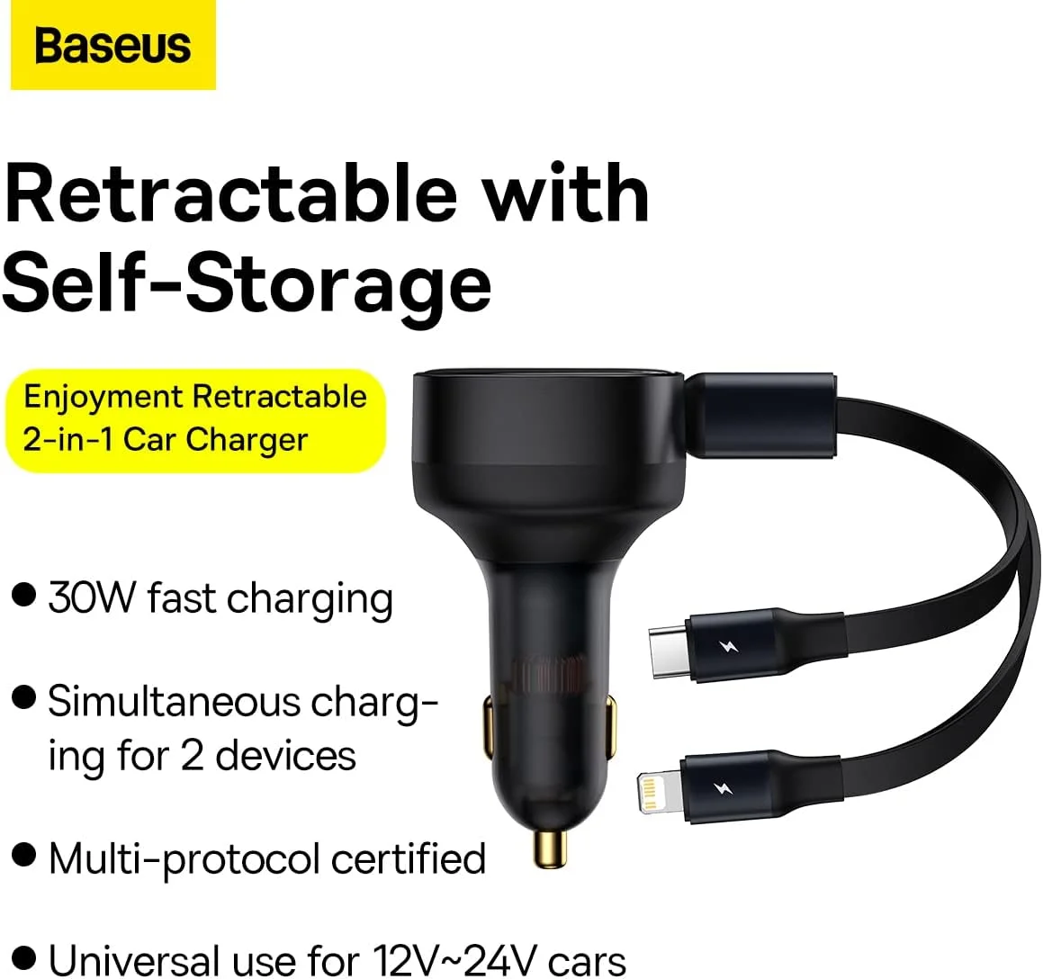 شارژر فندکی جمع شونده 2 در 1 باسئوس مدل Enjoyment با توان 30 وات - مشکی