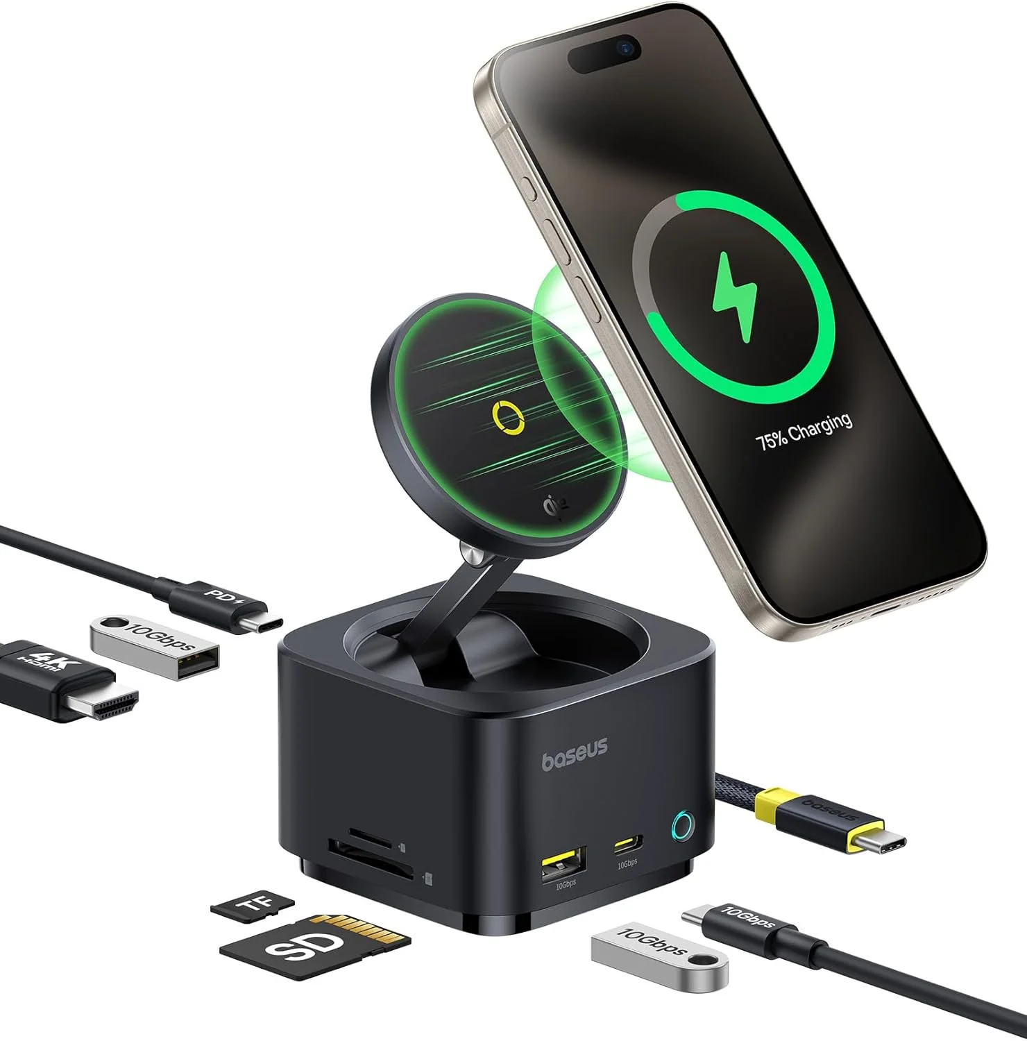 هاب ایستگاه شارژ 7 در 1 بیسوس، شارژر وایرلس 15 واتی با پورت HDMI 4K با نرخ 60 هرتز، پورت PD 100 واتی، پورت USB با سرعت 10 گیگابیت بر ثانیه، کارت خوان SD سازگار با آیفون/مک/دل/اچ پی/سرفیس هاب ایستگاه شارژ 7 در 1 بیسوس، شارژر وایرلس 15 واتی با پورت HDMI 4K با نرخ 60 هرتز، پورت PD 100 واتی، پورت USB با سرعت 10 گیگابیت بر ثانیه، کارت خوان SD سازگار با آیفون/مک/دل/اچ پی/سرفیس