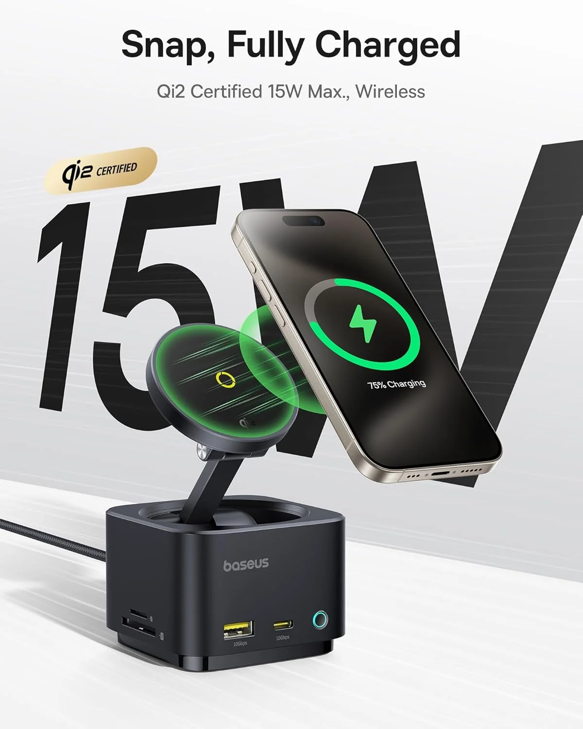 هاب ایستگاه شارژ 7 در 1 بیسوس، شارژر وایرلس 15 واتی با پورت HDMI 4K با نرخ 60 هرتز، پورت PD 100 واتی، پورت USB با سرعت 10 گیگابیت بر ثانیه، کارت خوان SD سازگار با آیفون/مک/دل/اچ پی/سرفیس