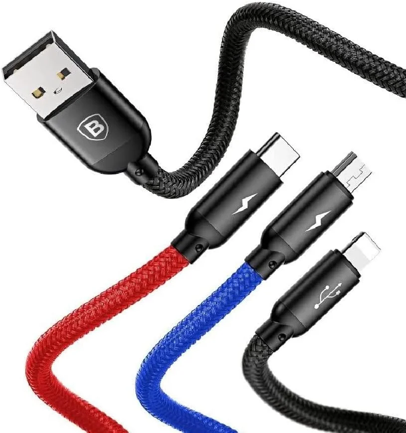 کابل شارژ چند منظوره بیسوس PD 3A، کابل شارژ سریع 3 در 1 با سه رنگ اصلی از USB به لایتنینگ/تایپ C/پورت میکرو USB سازگار با آیفون، سامسونگ، هواوی و غیره (30 سانتی متر)