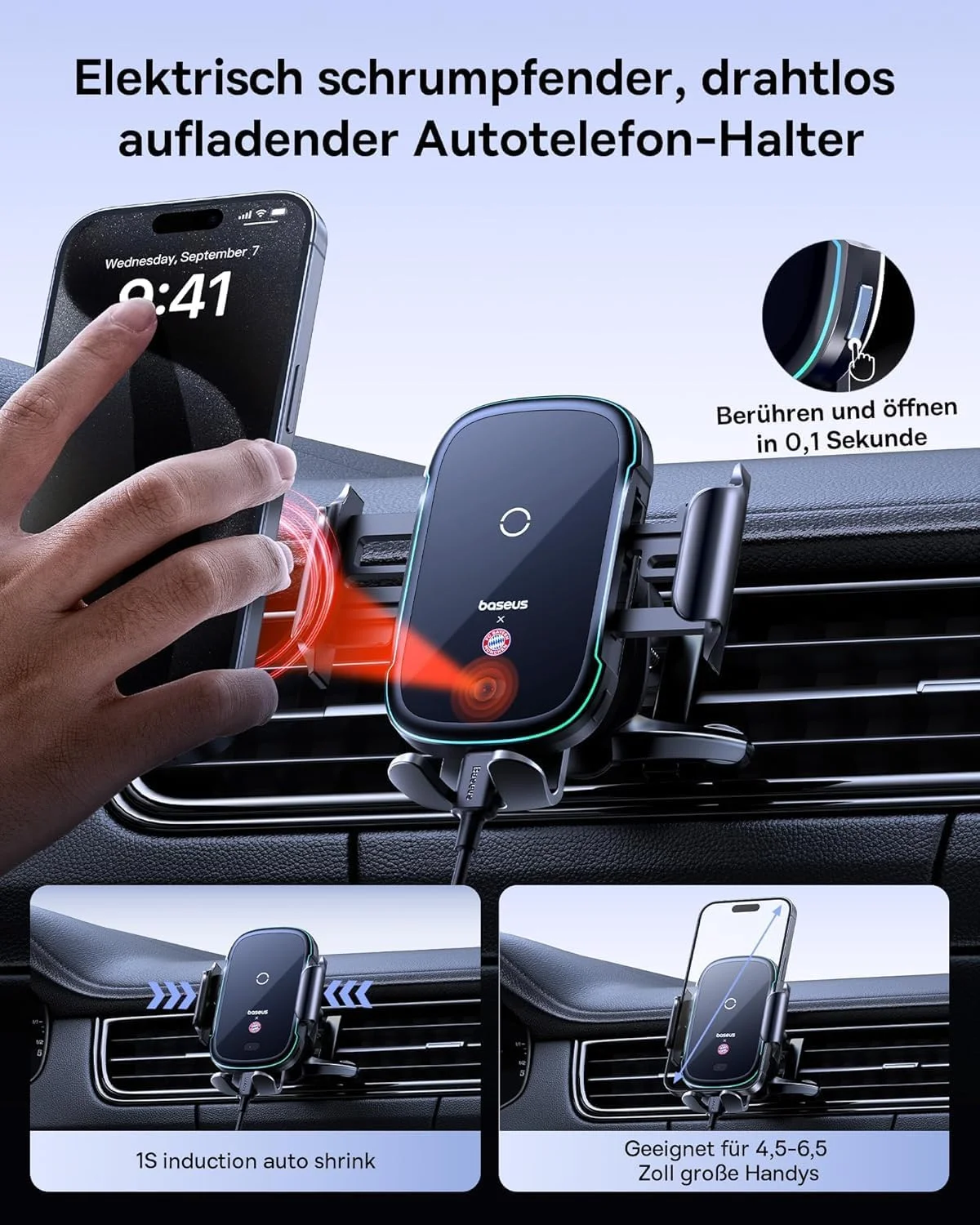 پایه نگهدارنده گوشی موبایل بیسوس Qi برای خودرو با قابلیت شارژ، شارژ سریع 15 واتی، گیره اتوماتیک و رهاسازی با یک کلیک، شارژر برای آیفون 16 پرو مکس 15 پلاس 14 13 12، رنگ مشکی