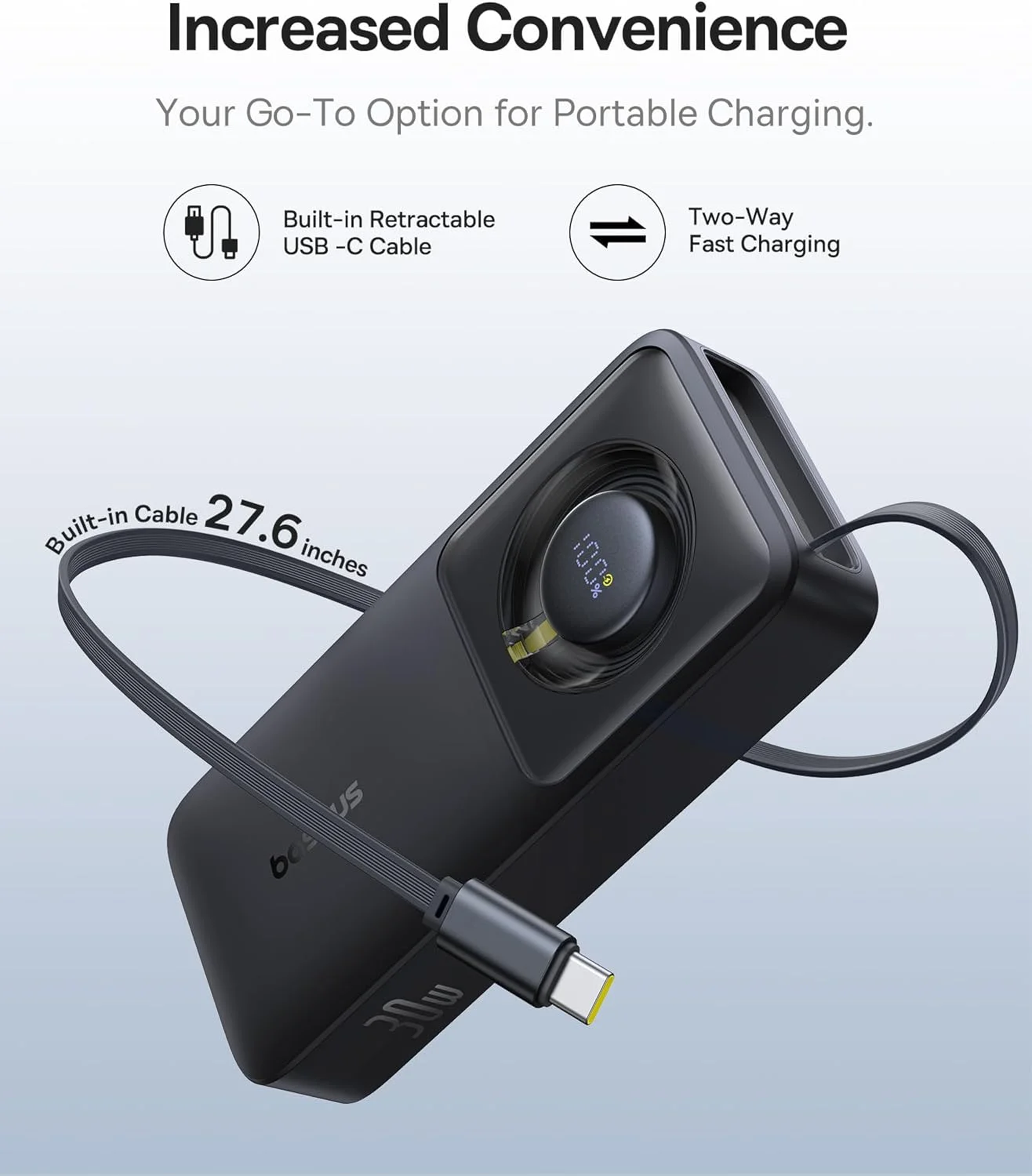 شارژر همراه 10000 میلی آمپر ساعتی بیسوس با کابل USB-C داخلی، خروجی PD 30W، نمایشگر LED، پاوربانک شارژ سریع برای آیفون 16 پرو، سامسونگ گلکسی S24/S23/S22، مک بوک ایر/پرو، آیپد پرو، گوگل پیکسل