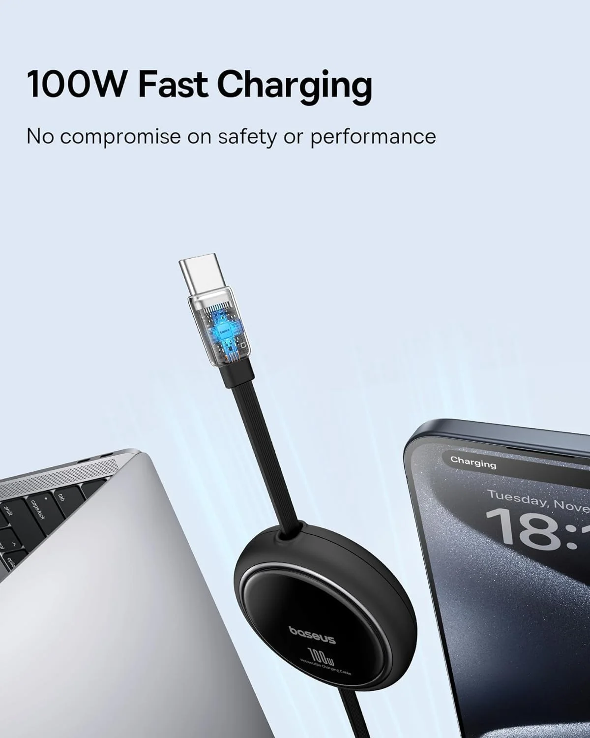 کابل جمع شونده مینی USB C به طول Baseus 100W PD 5A، کابل شارژ سریع با انتقال داده با سرعت بالا 480 مگابیت بر ثانیه برای آیفون 15 پرو مکس، سامسونگ S24 اولترا، مک بوک، آیپد پرو/ایر و غیره