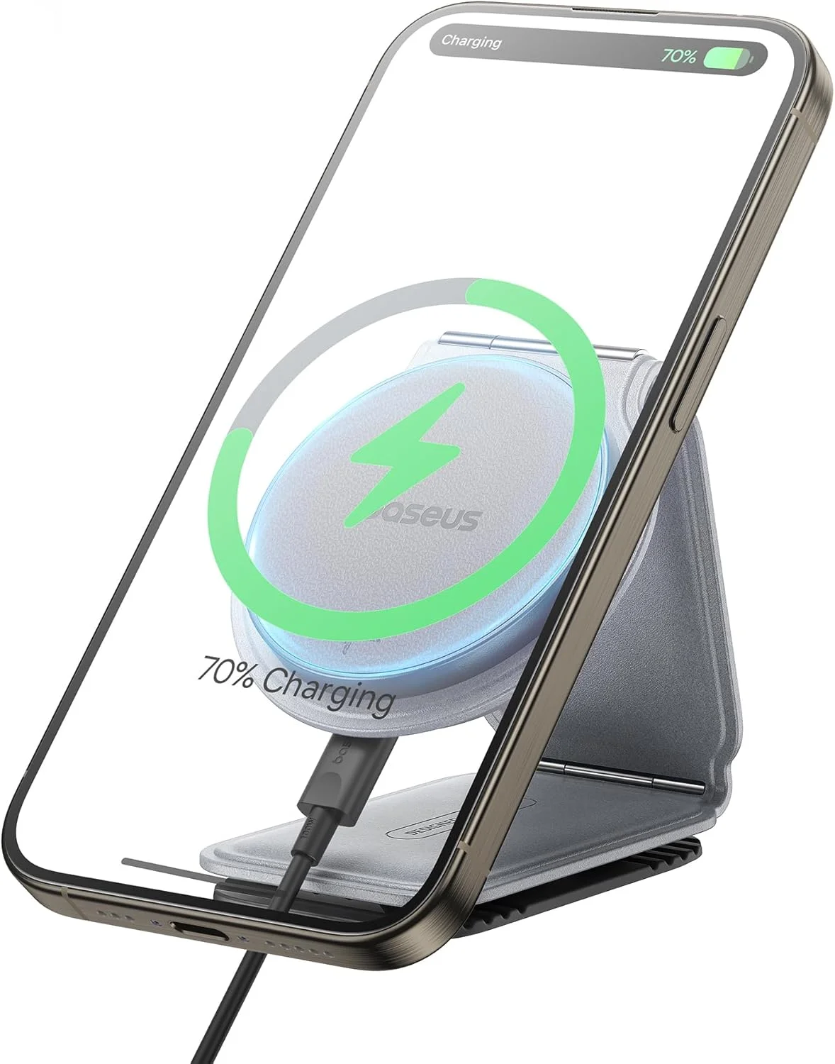 پایه نگهدارنده گوشی مگنتی تاشو Baseus C02 Mega Qi2 با شارژر بی‌سیم 15 واتی MagSafe، قابل نصب روی داشبورد، با قابلیت چرخش 360 درجه، سازگار با آیفون 17/16/15/14/13/12 و اندروید - خاکستری