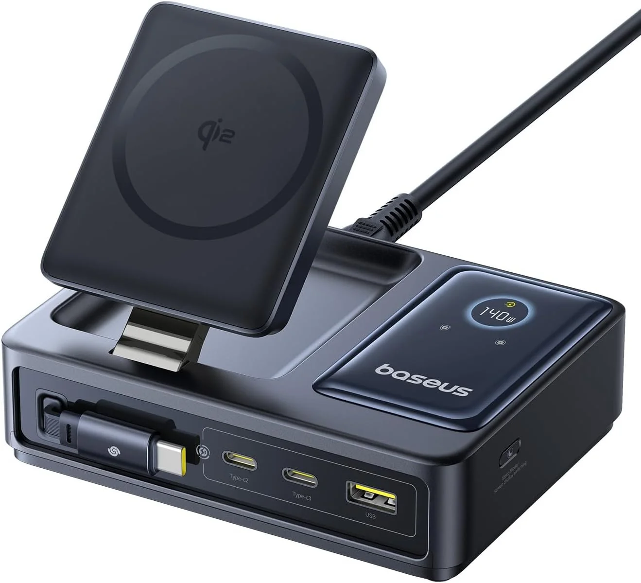 ایستگاه شارژ 5 در 1 بیسوس Nomos با توان 140 وات، شارژر بی‌سیم مغناطیسی 15 واتی Qi2 با کابل جمع‌شونده 100 واتی، شارژر سریع USB C GaN برای Magsafe، آیفون 16/15 پرو مکس، مک‌بوک پرو