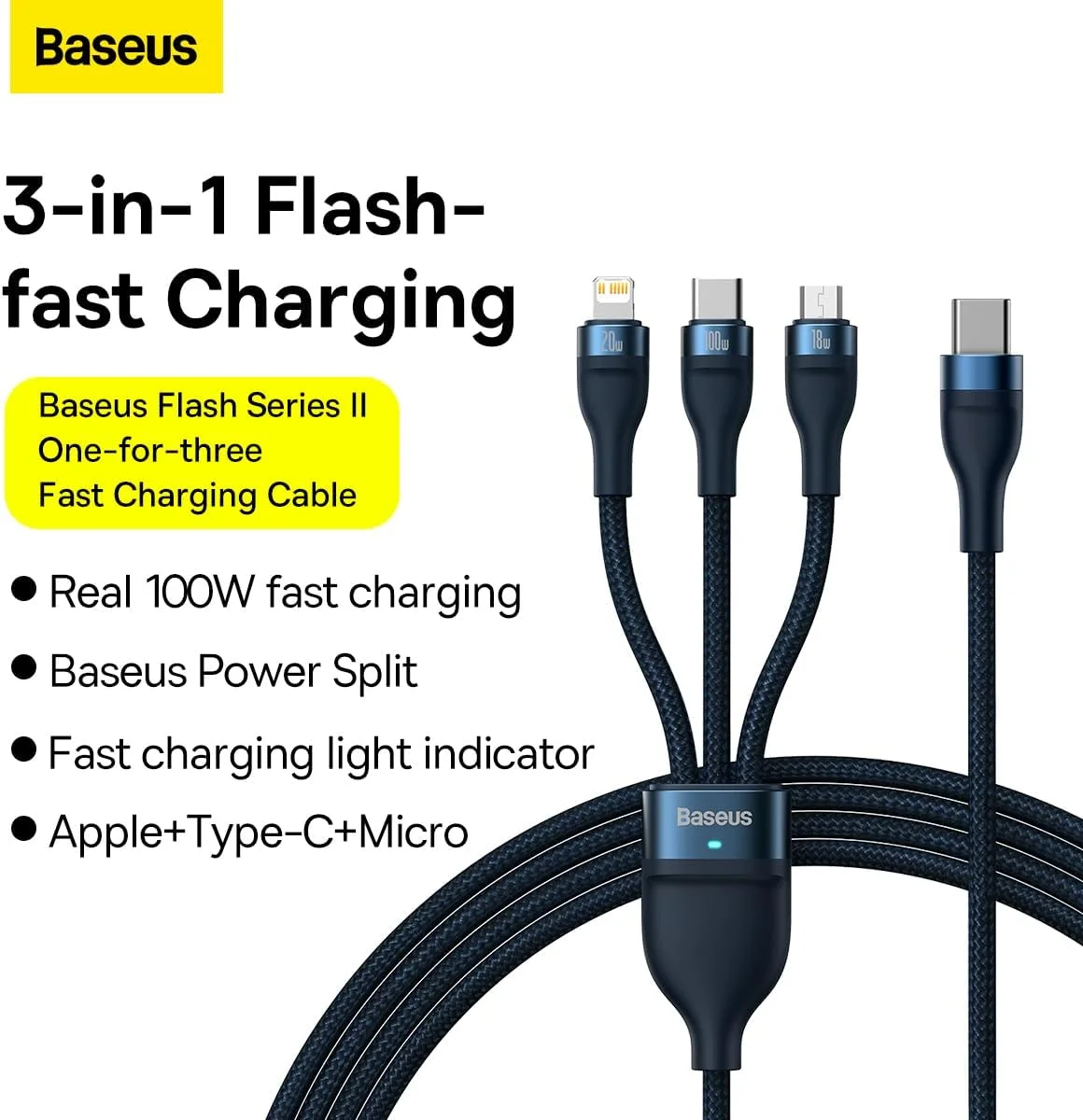 کابل شارژ چندگانه 100 واتی Baseus، کابل بافته شده نایلونی 3 در 1 USB C [100W]+لایتنینگ[20W]+میکرو[18W] برای آیفون 16 پرو مکس، آیپد پرو/ایر/مینی، سامسونگ S24/23/22/21 اولترا و غیره (آبی)