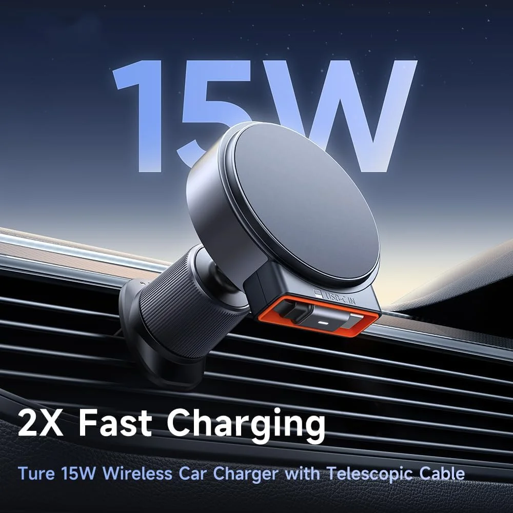 شارژر فندکی خودرو، شارژر فندکی جمع شونده 15 واتی، مجهز به کابل توسعه پذیر Type-C، شارژ سریع دوگانه، هولدر مغناطیسی تلفن همراه خودرو، مناسب برای دریچه خودرو