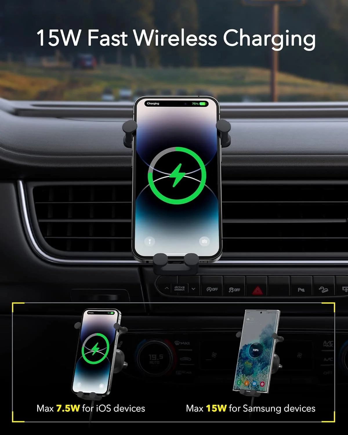 پایه نگهدارنده گوشی بیسوس با شارژر وایرلس 15 واتی، نصب آسان روی دریچه کولر، مناسب برای آیفون 14، 13، 12، 11، 10، 8 پرو مکس، سری سامسونگ گلکسی S و نوت، گوگل، ال‌جی و غیره