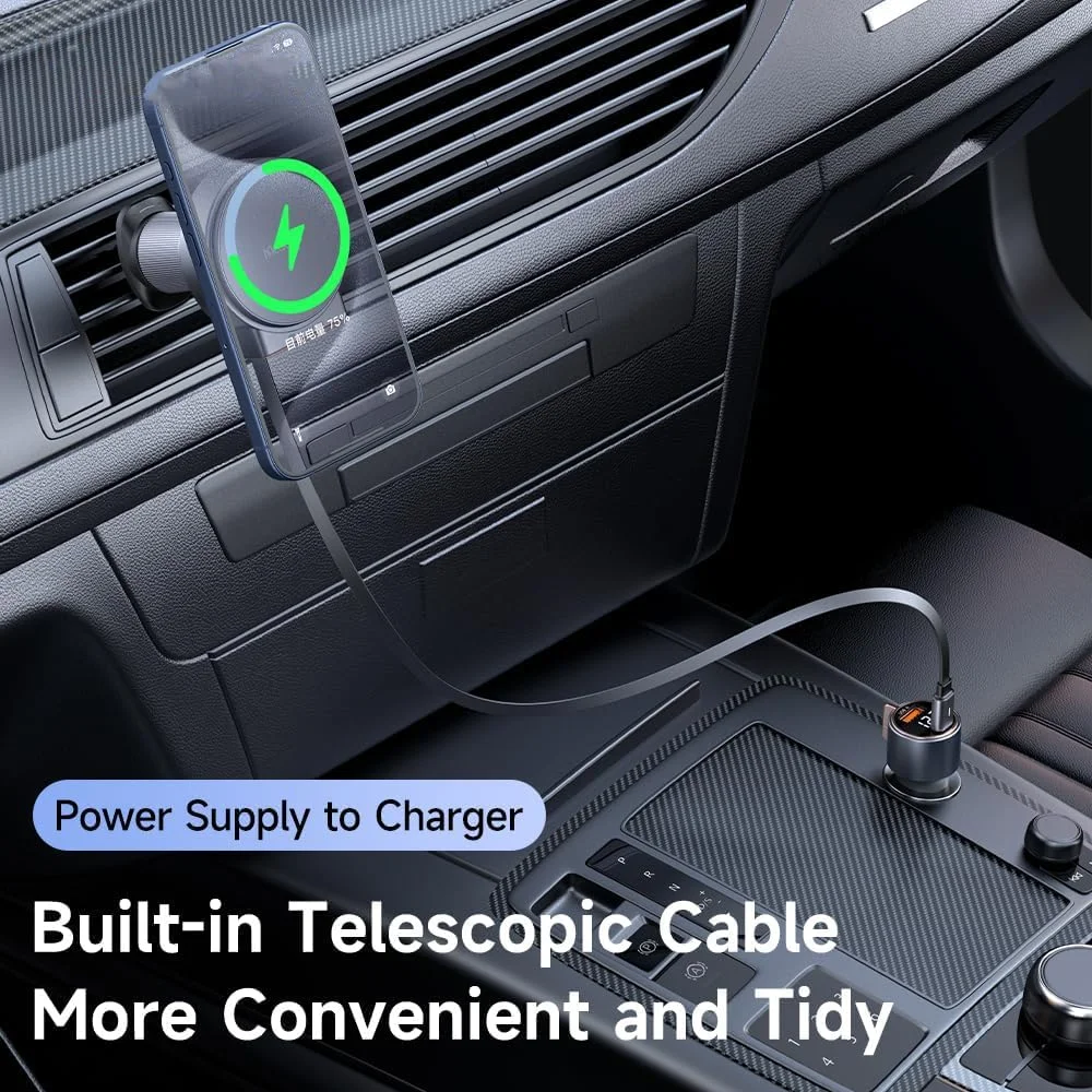 شارژر فندکی خودرو، شارژر فندکی جمع شونده 15 واتی، مجهز به کابل توسعه پذیر Type-C، شارژ سریع دوگانه، هولدر مغناطیسی تلفن همراه خودرو، مناسب برای دریچه خودرو